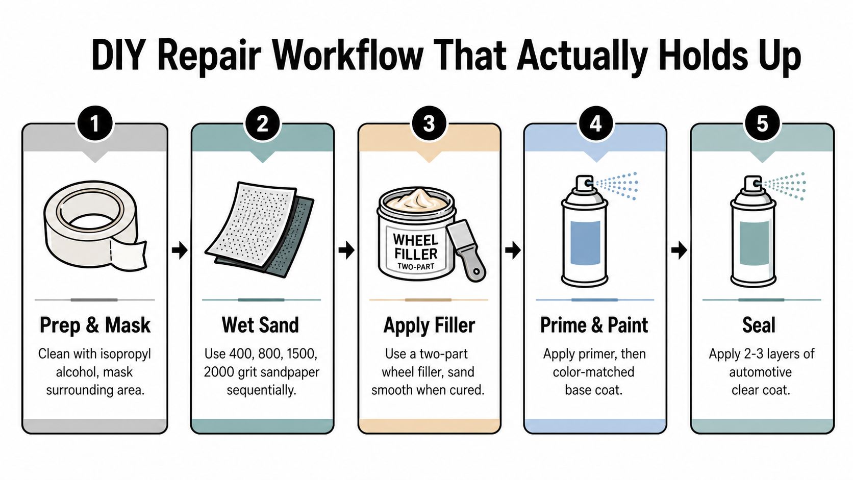A five-step infographic showing the DIY workflow for repairing automotive wheel rim scratches using various tools.