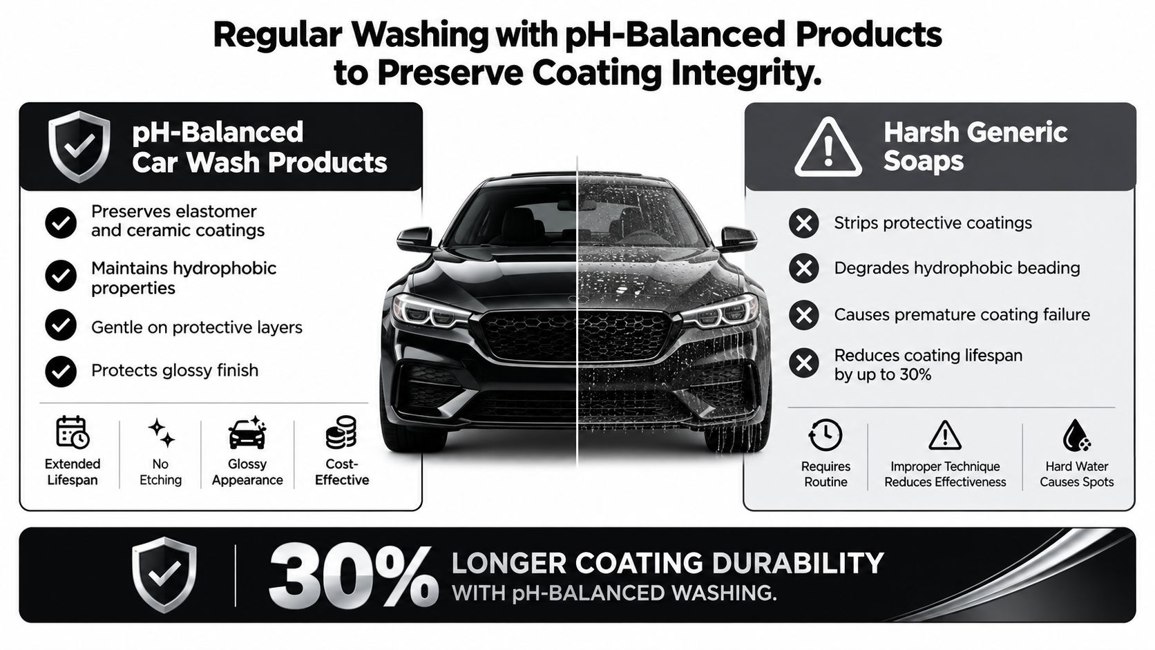 A comparison chart highlighting the benefits of using pH-balanced car wash products over harsh generic soaps.