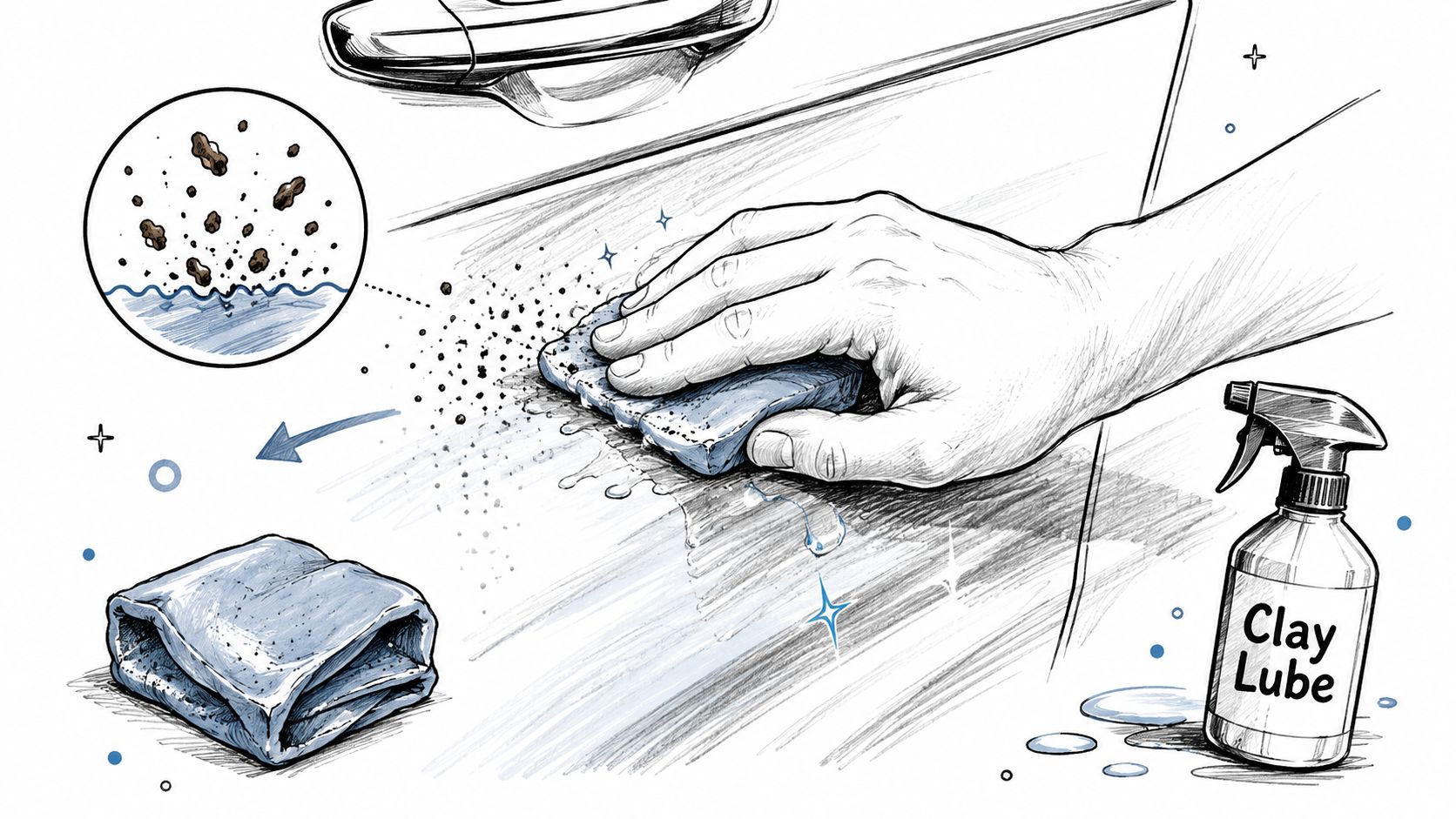 A hand using a clay bar with lubricant to remove contaminants from a car paint surface.