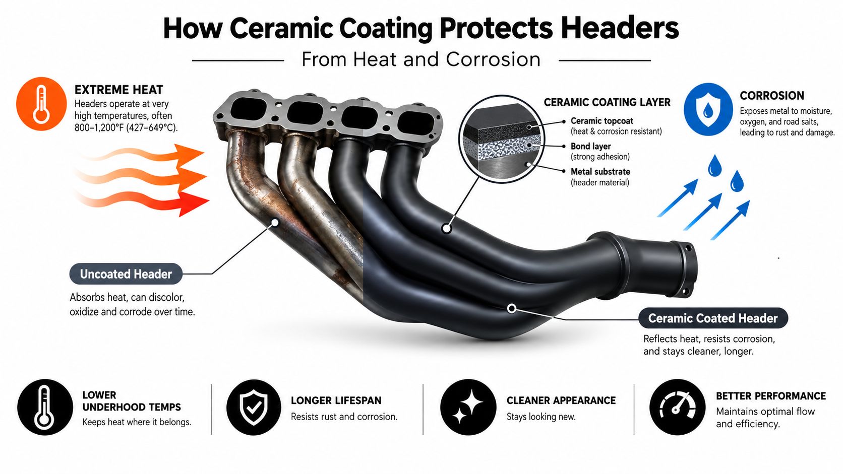 A detailed diagram illustrating the protective benefits of ceramic coating on automotive exhaust headers against heat and corrosion.