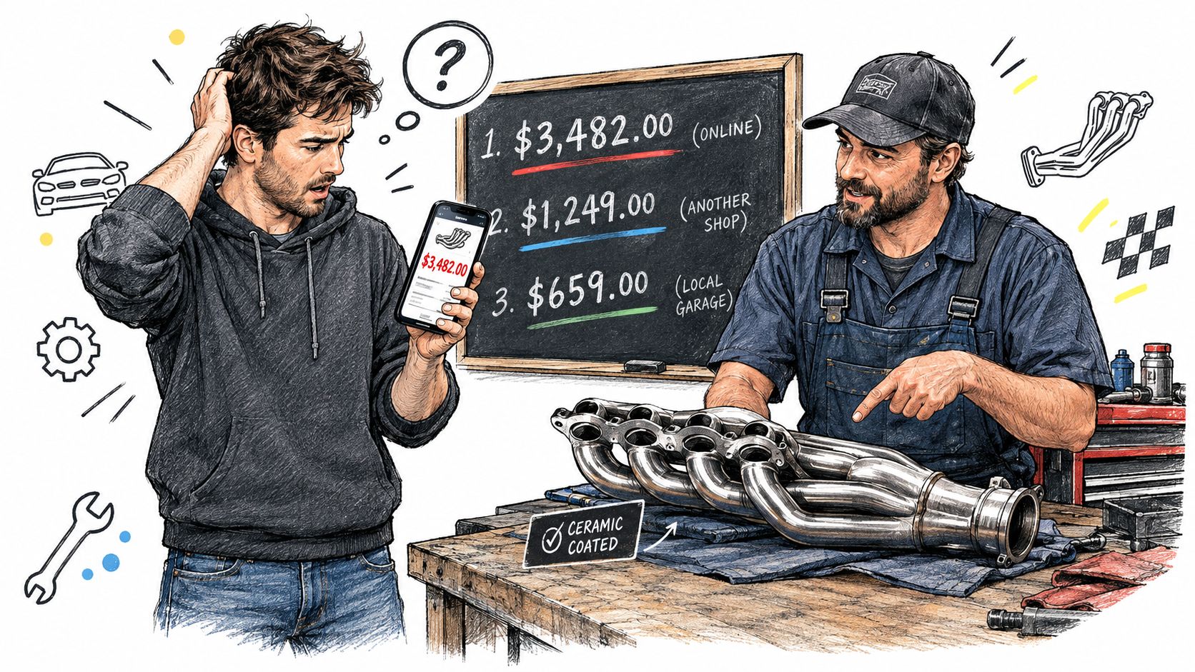 A customer comparing ceramic coating header costs on a smartphone against prices written on a workshop chalkboard.