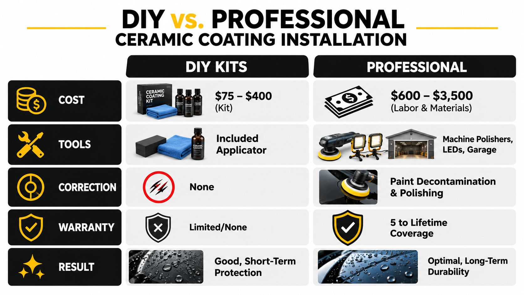 A comparison chart outlining the differences between DIY ceramic coating kits and professional car installation services.