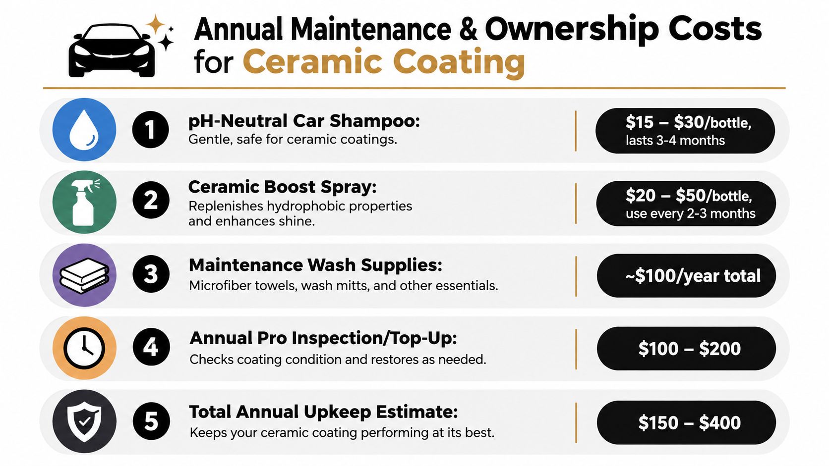 An infographic showing the estimated annual maintenance and ownership costs for car ceramic coating services and supplies.