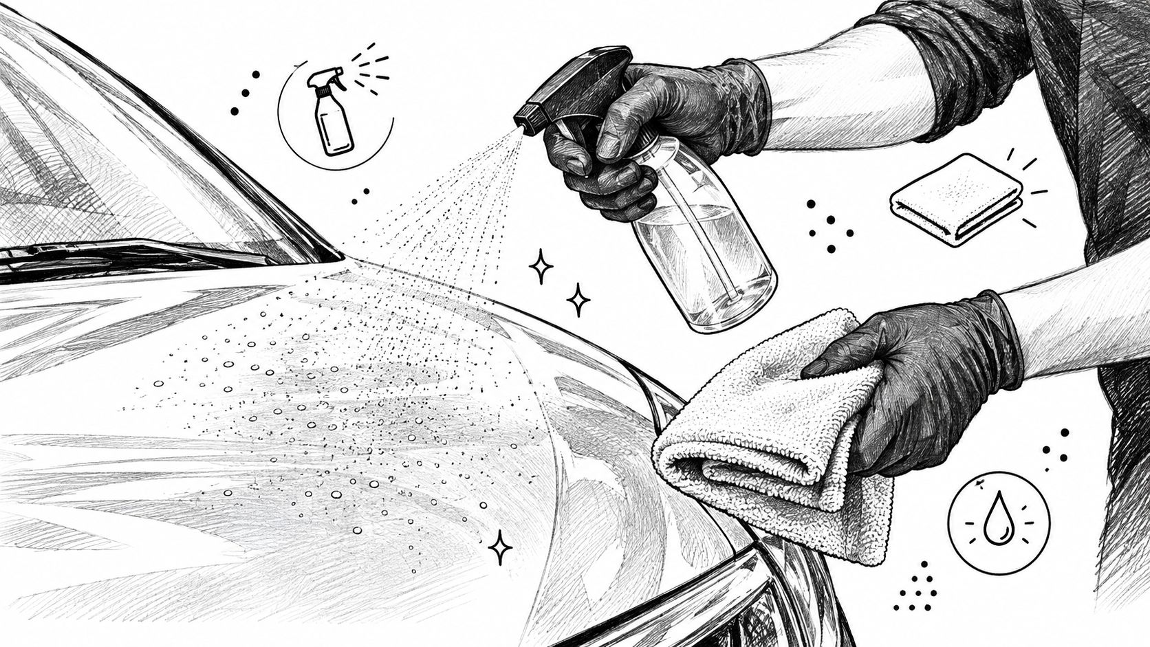 A detailed pencil sketch showing a person in gloves cleaning a car hood with spray and a cloth.