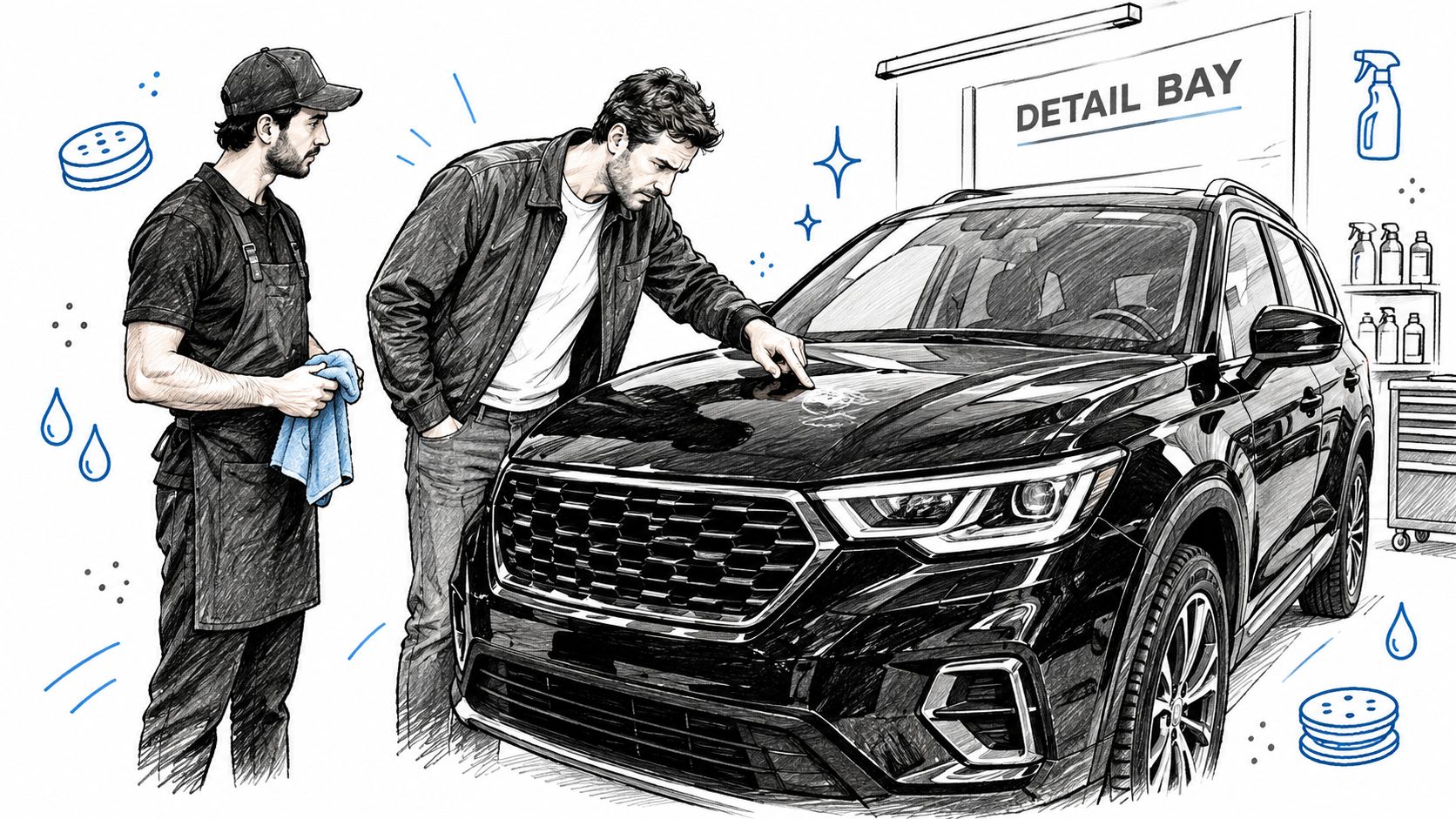 A professional detailer talking with a customer about a blemish on the hood of a black car.