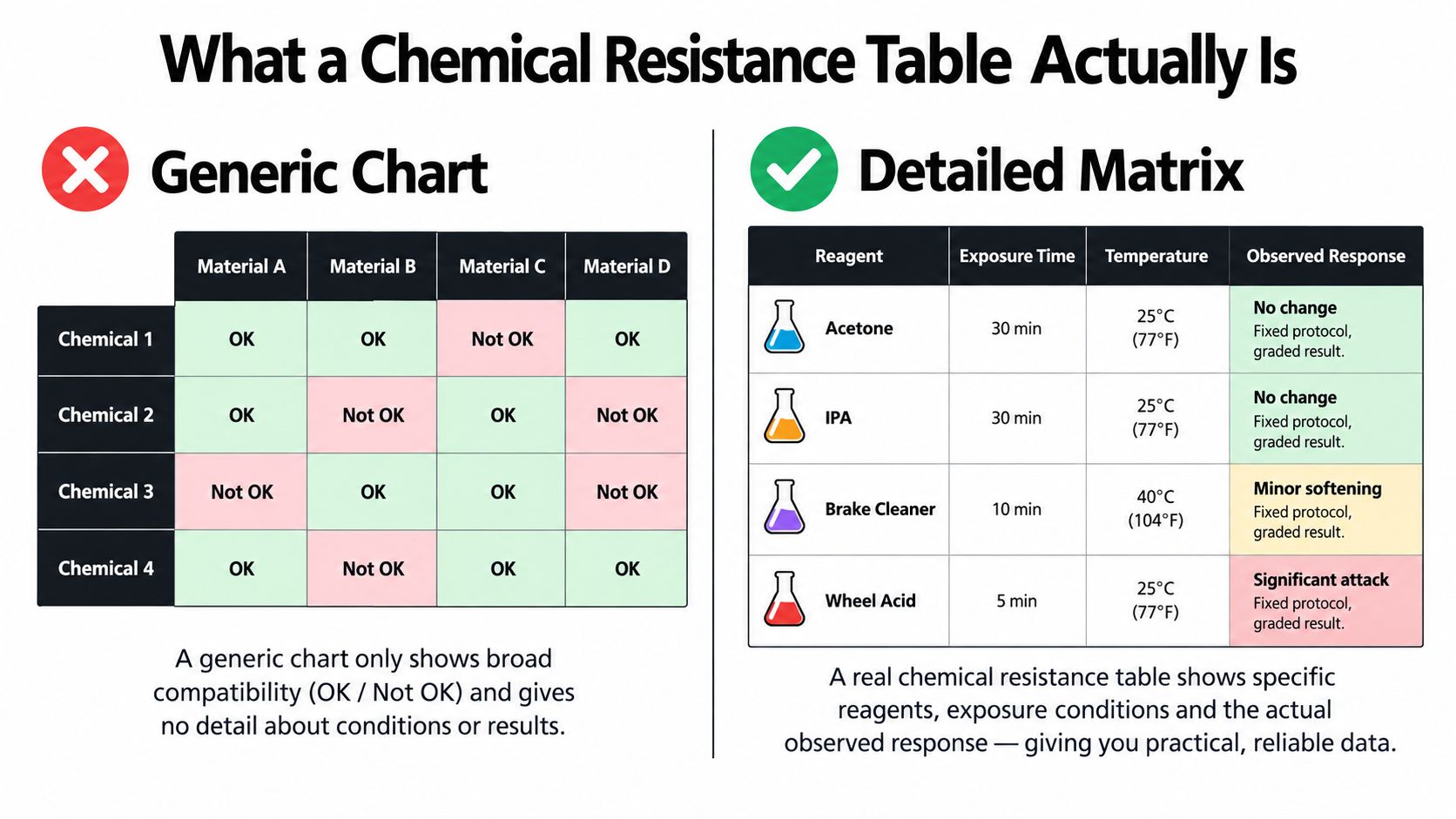 A comparison between a simple, unreliable generic chemical resistance chart and a detailed, professional chemical resistance matrix.