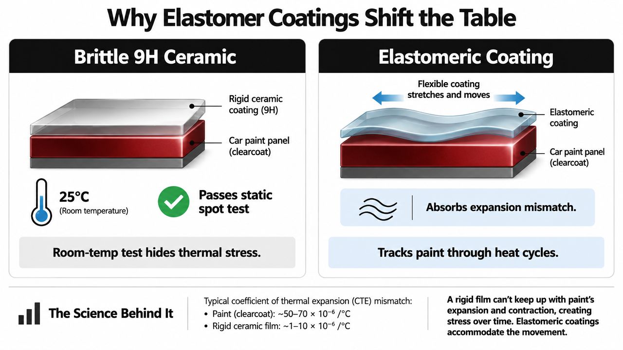 A diagram comparing brittle 9H ceramic coatings and flexible elastomeric coatings on a car paint surface.