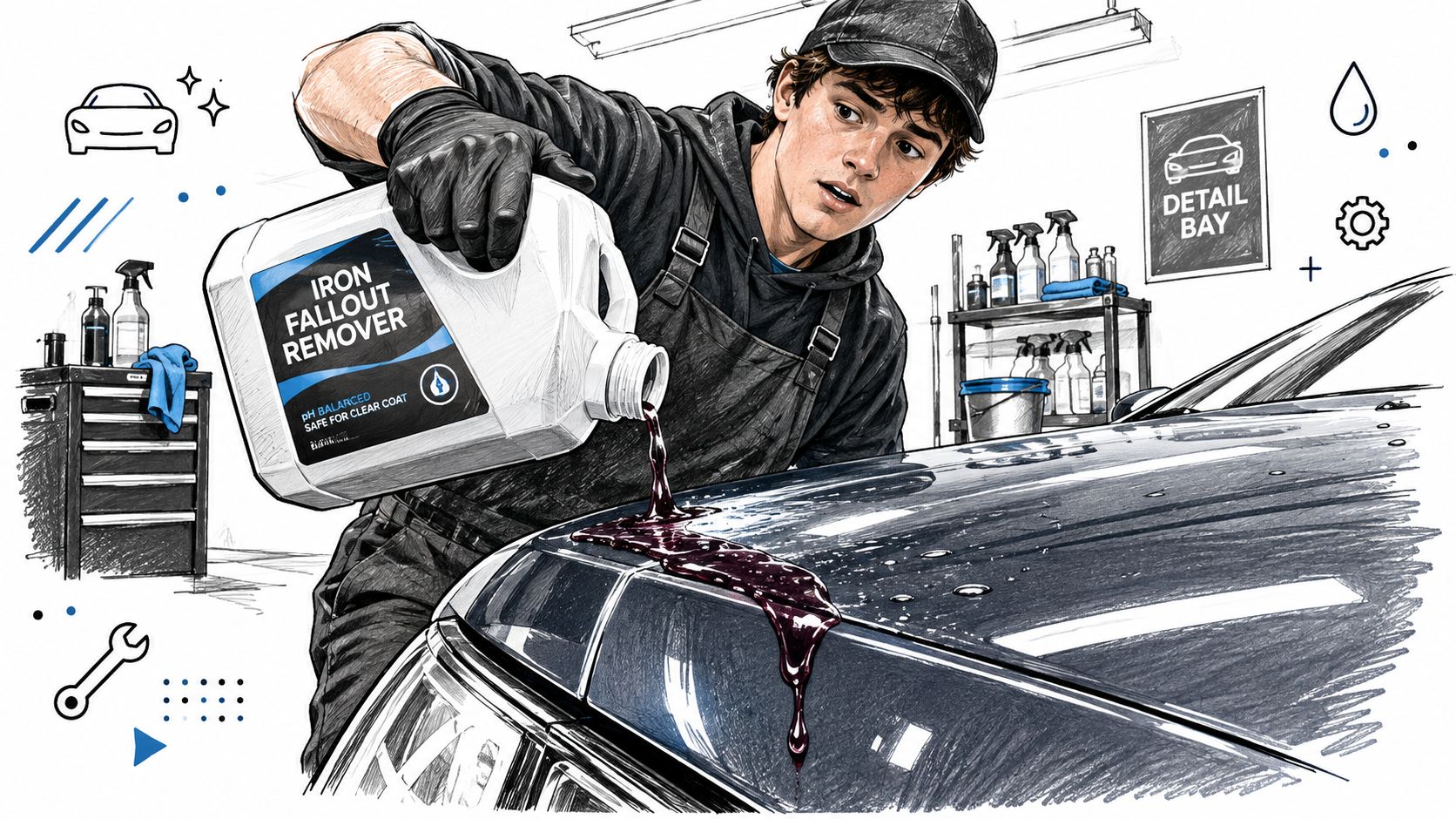 A professional detailer pours purple iron fallout remover liquid onto a dark car hood in a garage.