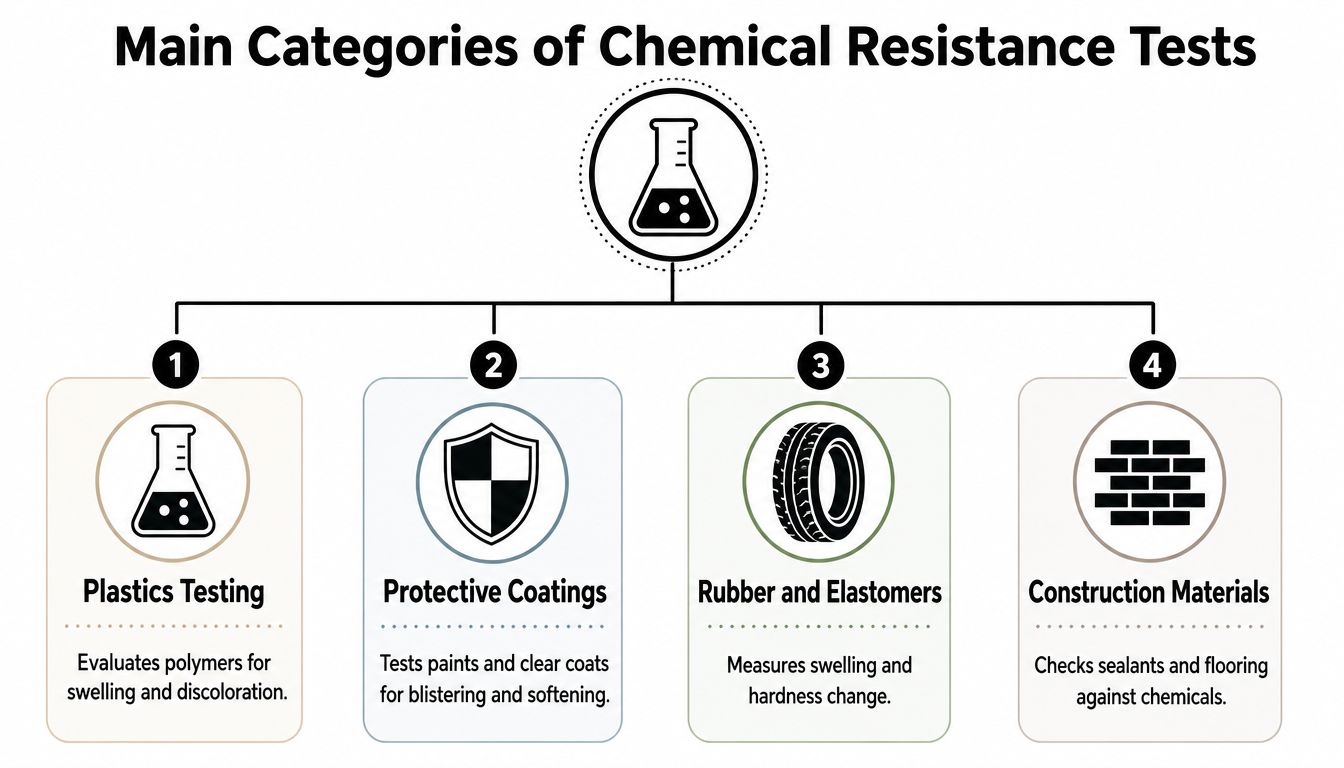 A diagram outlining four main categories of chemical resistance testing, including plastics, coatings, rubber, and construction materials.