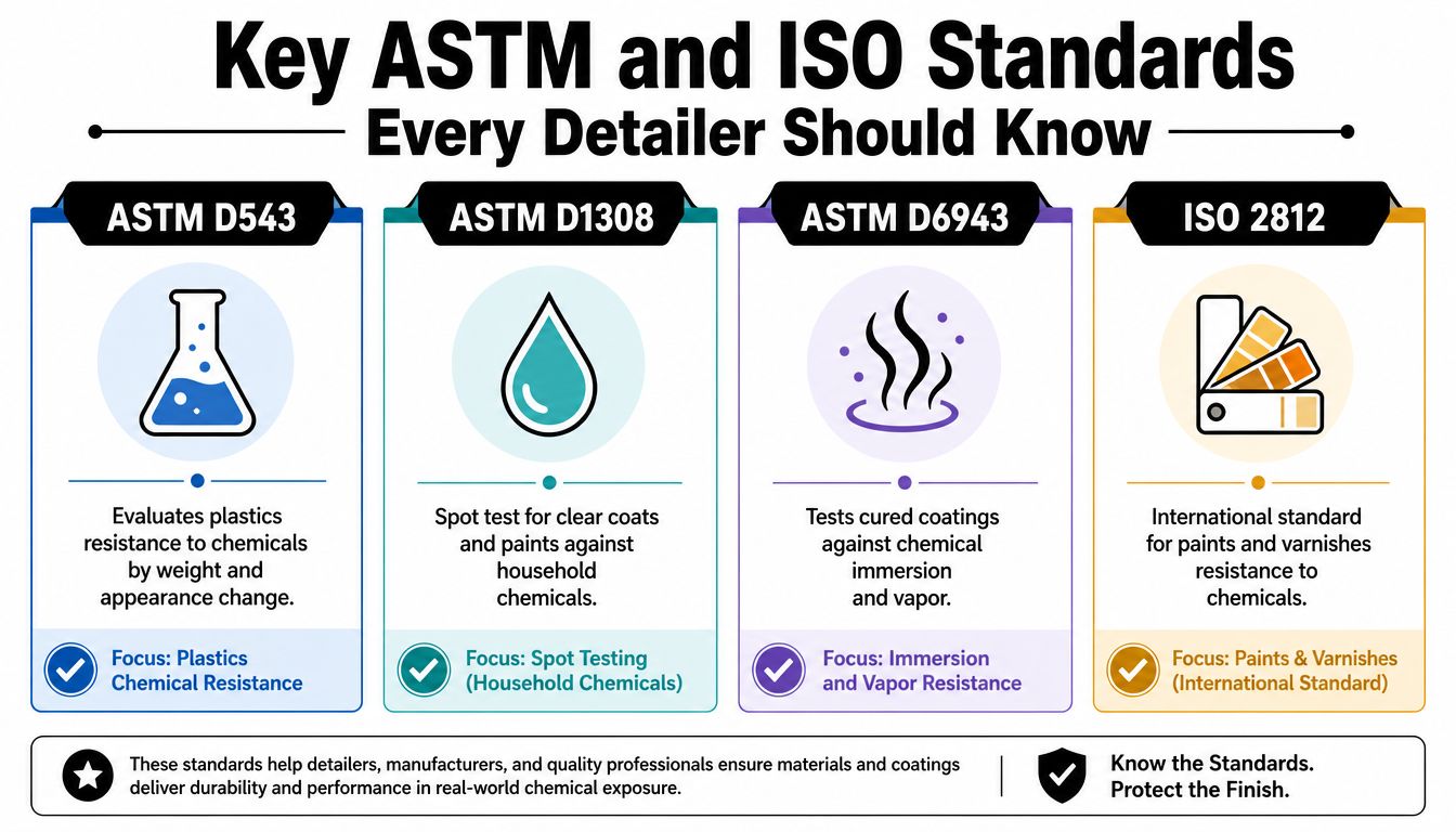 An infographic showing key ASTM and ISO standards for testing chemical resistance in automotive coatings and plastics.