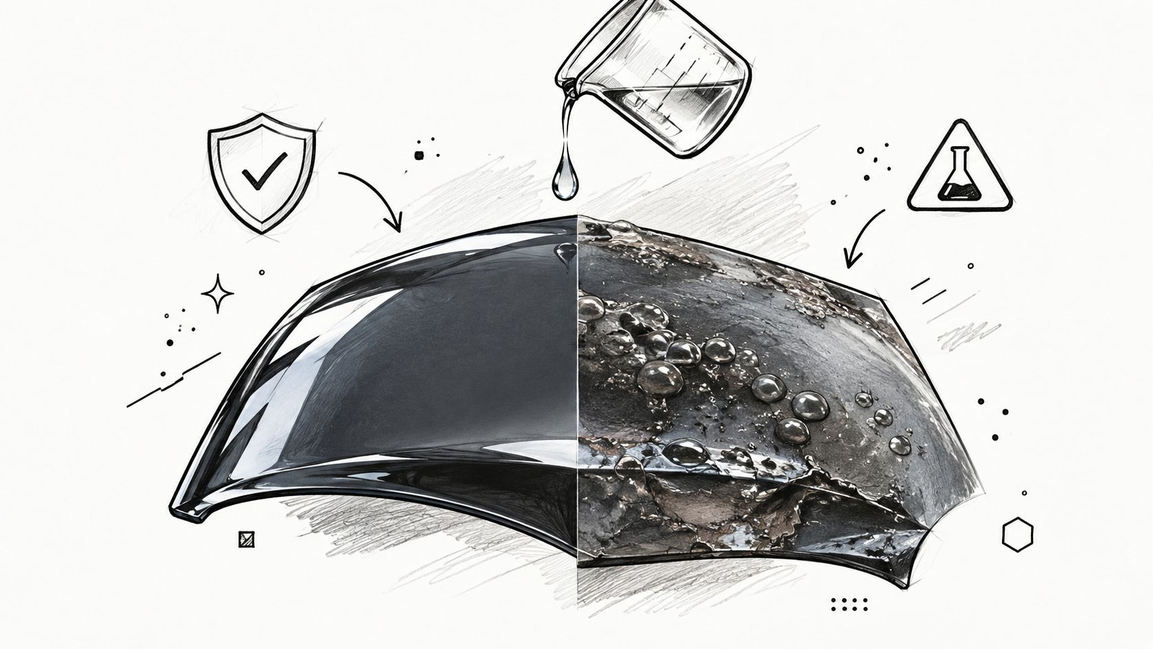 A split image showing a car surface testing chemical resistance with liquid beading on one side.