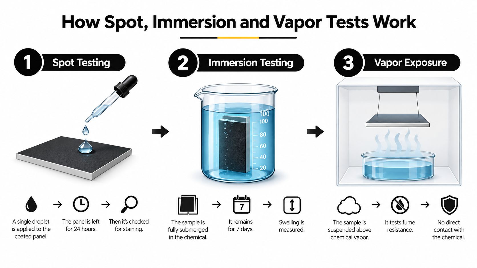 A diagram illustrating three chemical resistance testing methods: spot testing, immersion testing, and vapor exposure.