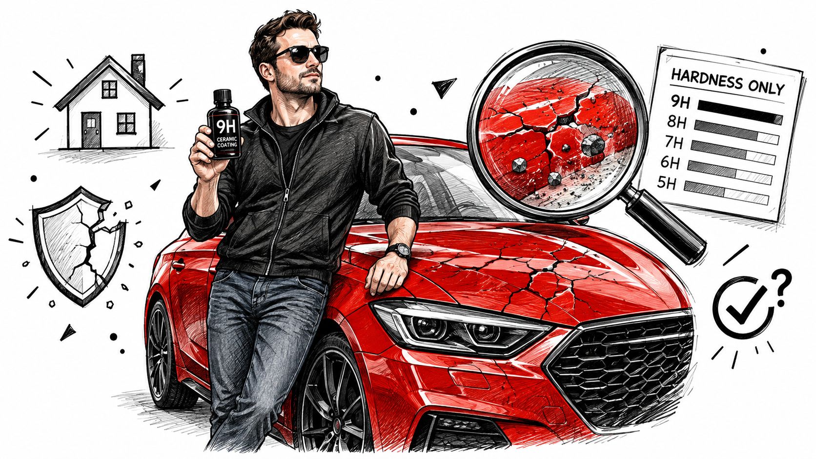 A stylish man holding a 9H ceramic coating bottle while leaning against a damaged red car.