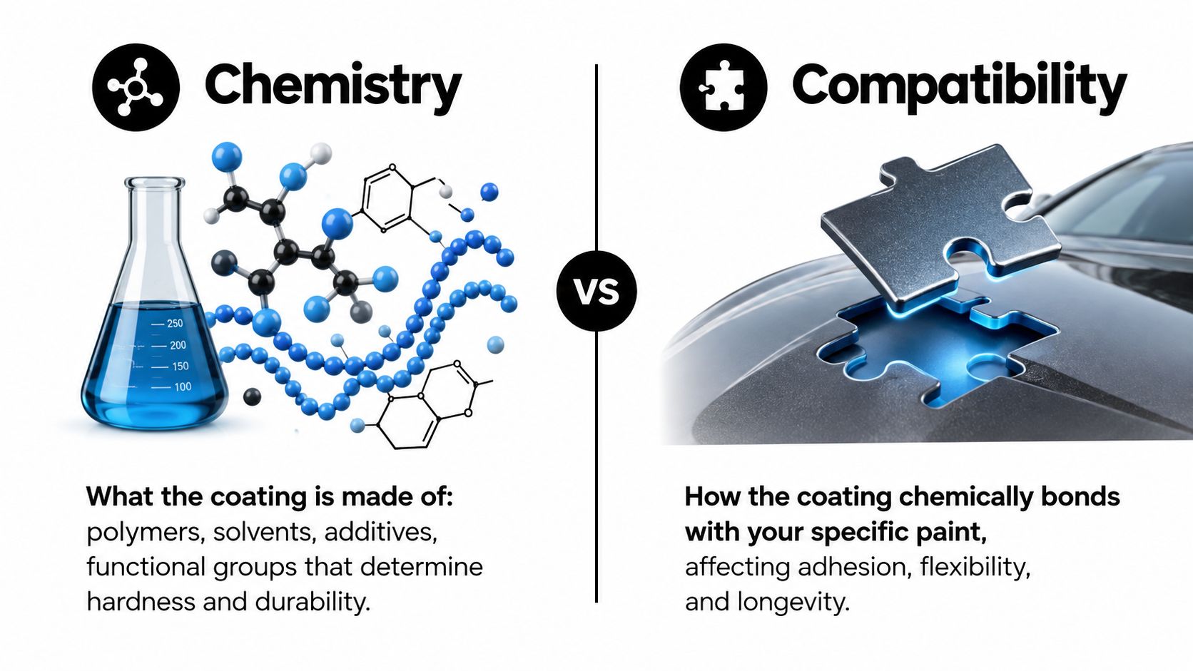 An infographic comparing the chemical composition of paint coatings versus their bonding compatibility with car surfaces.