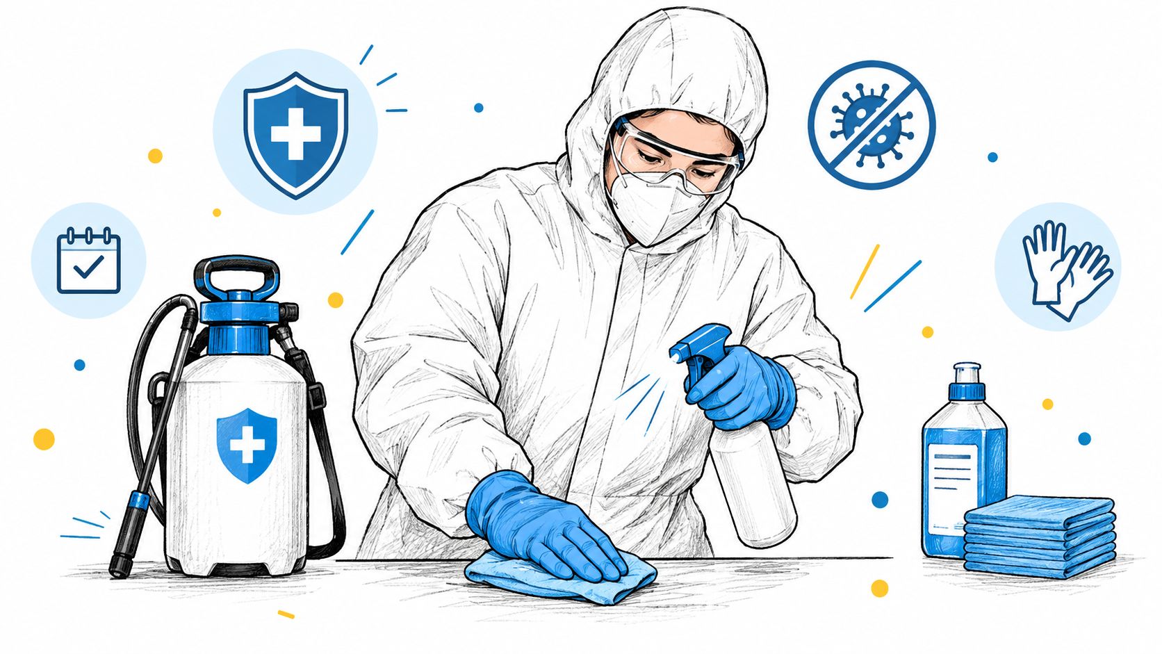 A professional in a white hazmat suit performing deep cleaning with a spray bottle and blue cloth.