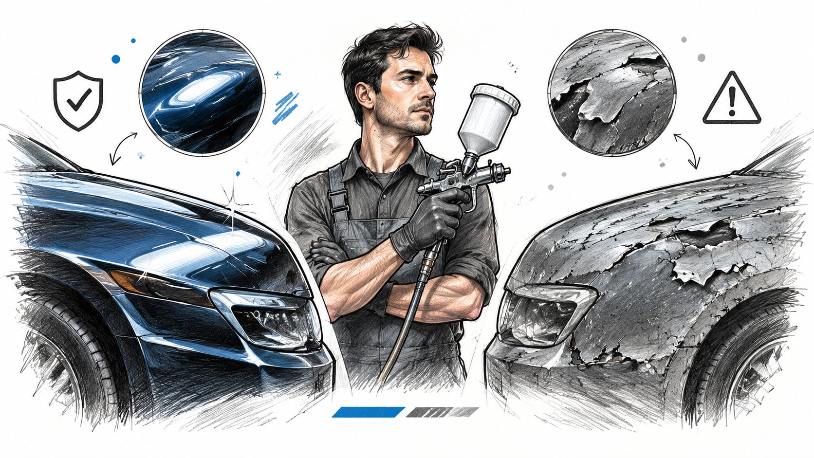 A professional auto technician comparing a smooth, glossy car paint finish with a severely cracked, damaged surface.
