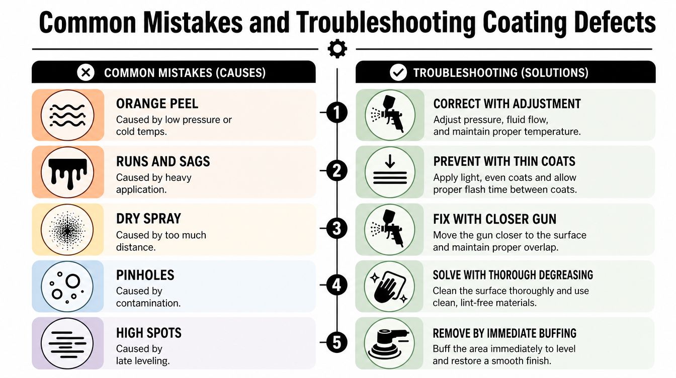 A chart illustrating common coating defects like orange peel, runs, and pinholes with their corresponding troubleshooting solutions.