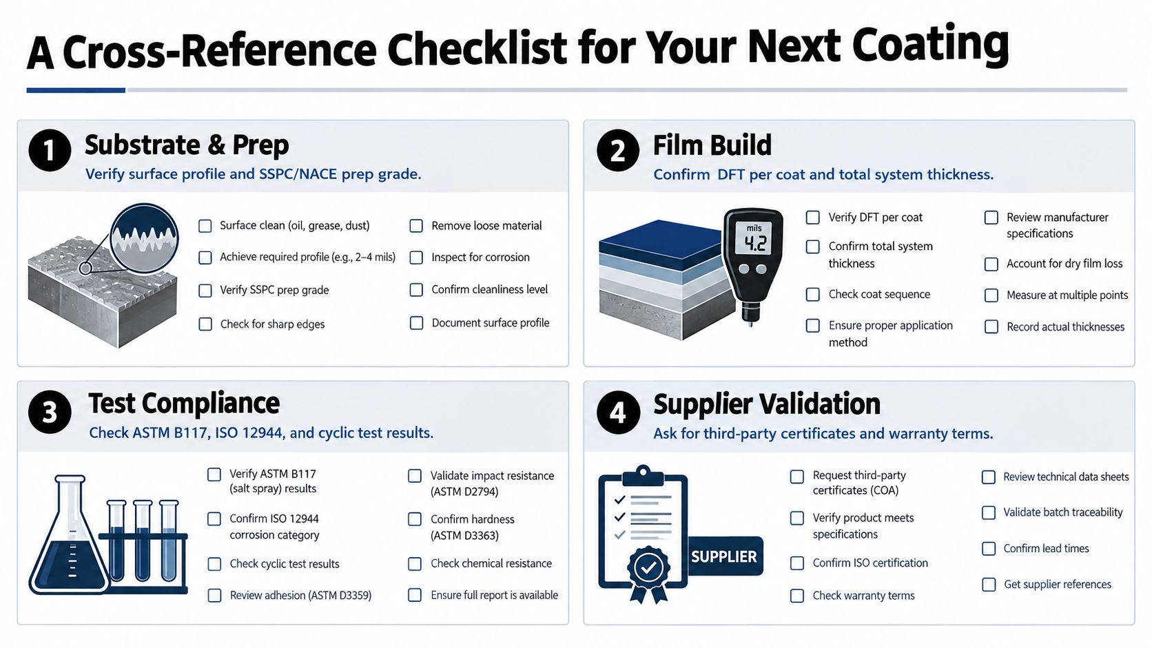 A four-step checklist for industrial coating processes, highlighting substrate preparation, film build, compliance testing, and supplier validation.