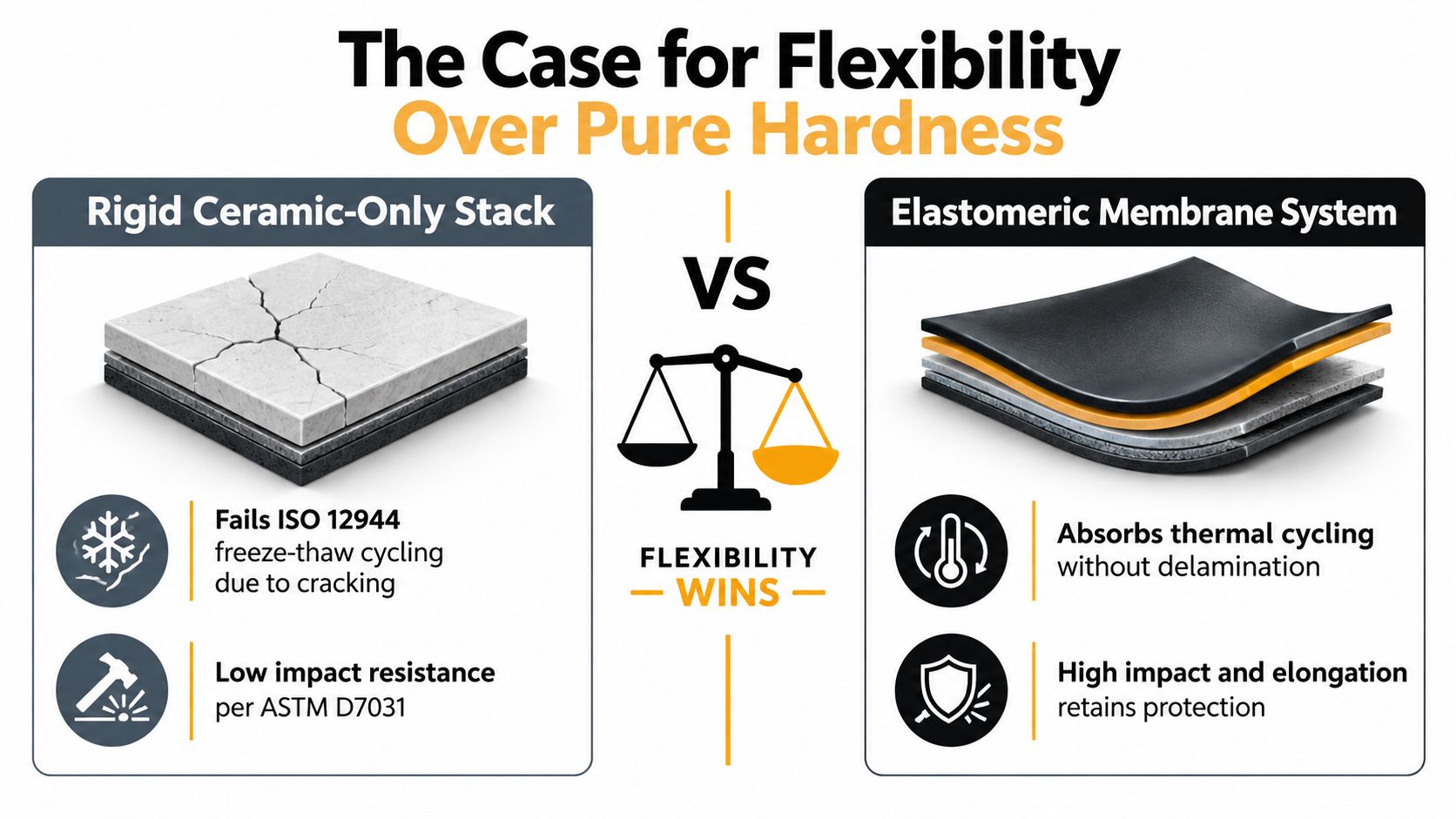 A comparison graphic showing rigid ceramic-only coatings cracking versus flexible elastomeric membrane systems surviving thermal cycling.