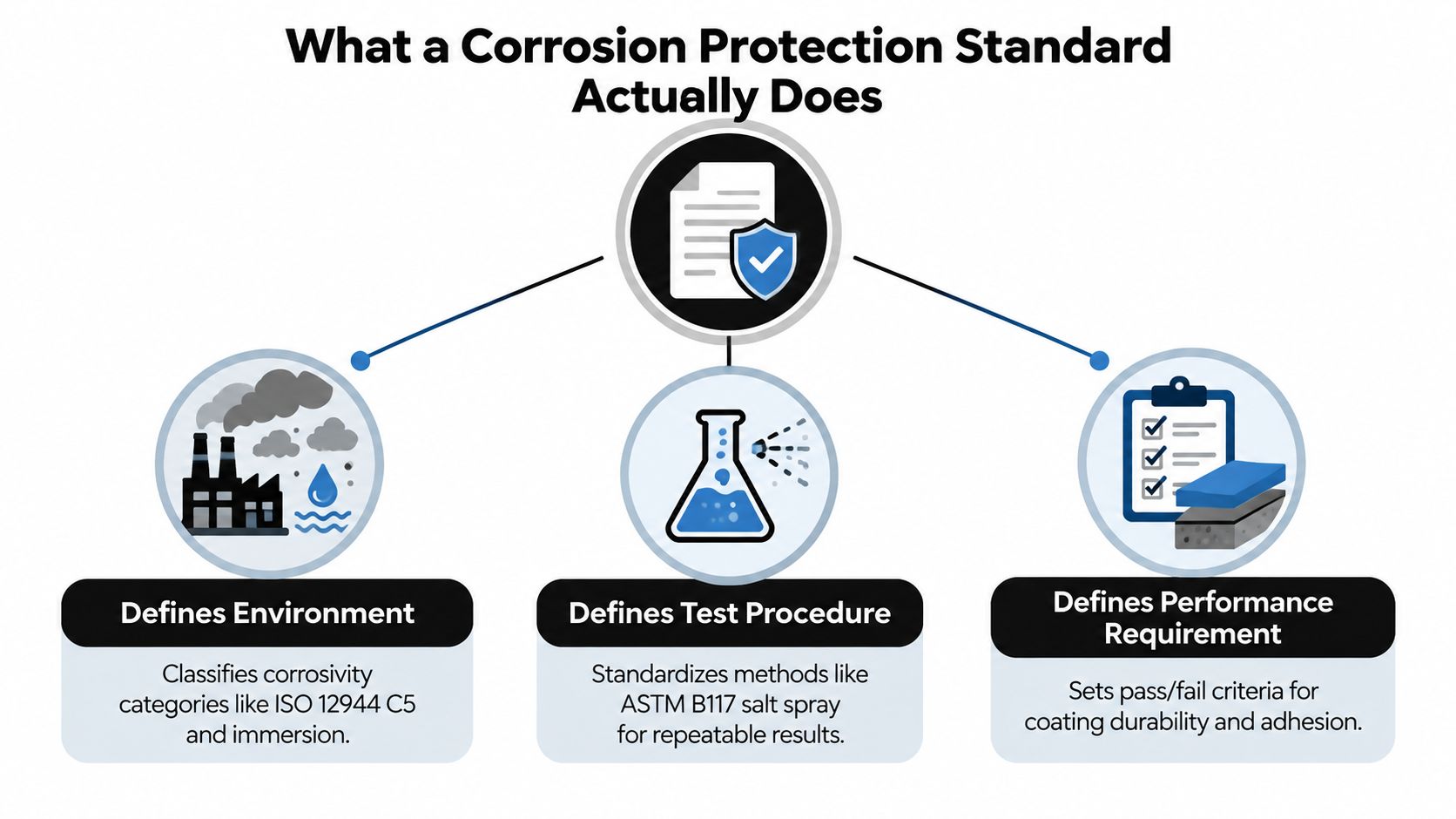 A diagram illustrating how corrosion protection standards define environments, test procedures, and performance requirements for coatings.