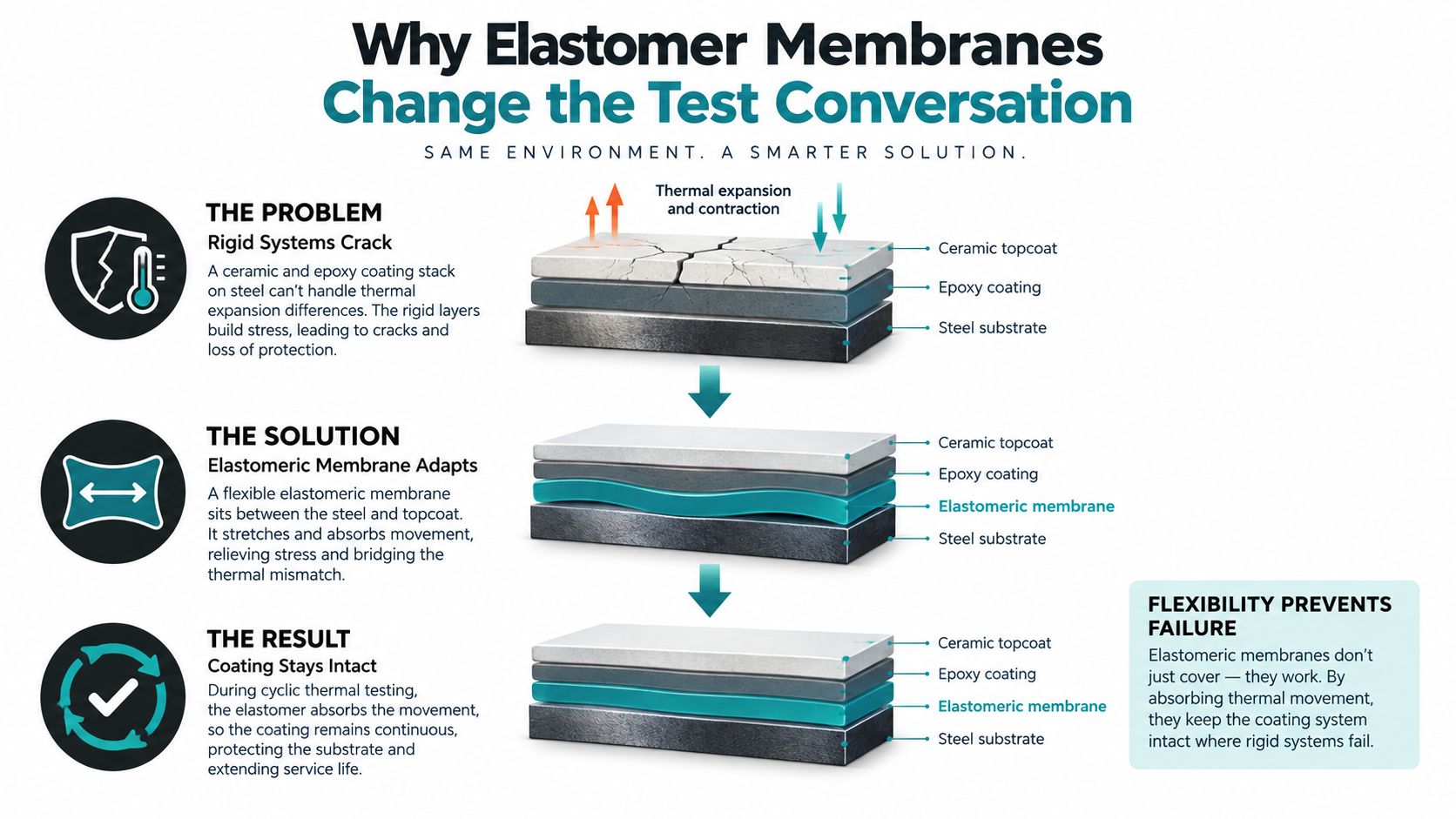 A diagram comparing traditional rigid coating systems to flexible elastomeric membrane solutions for preventing thermal stress cracks.