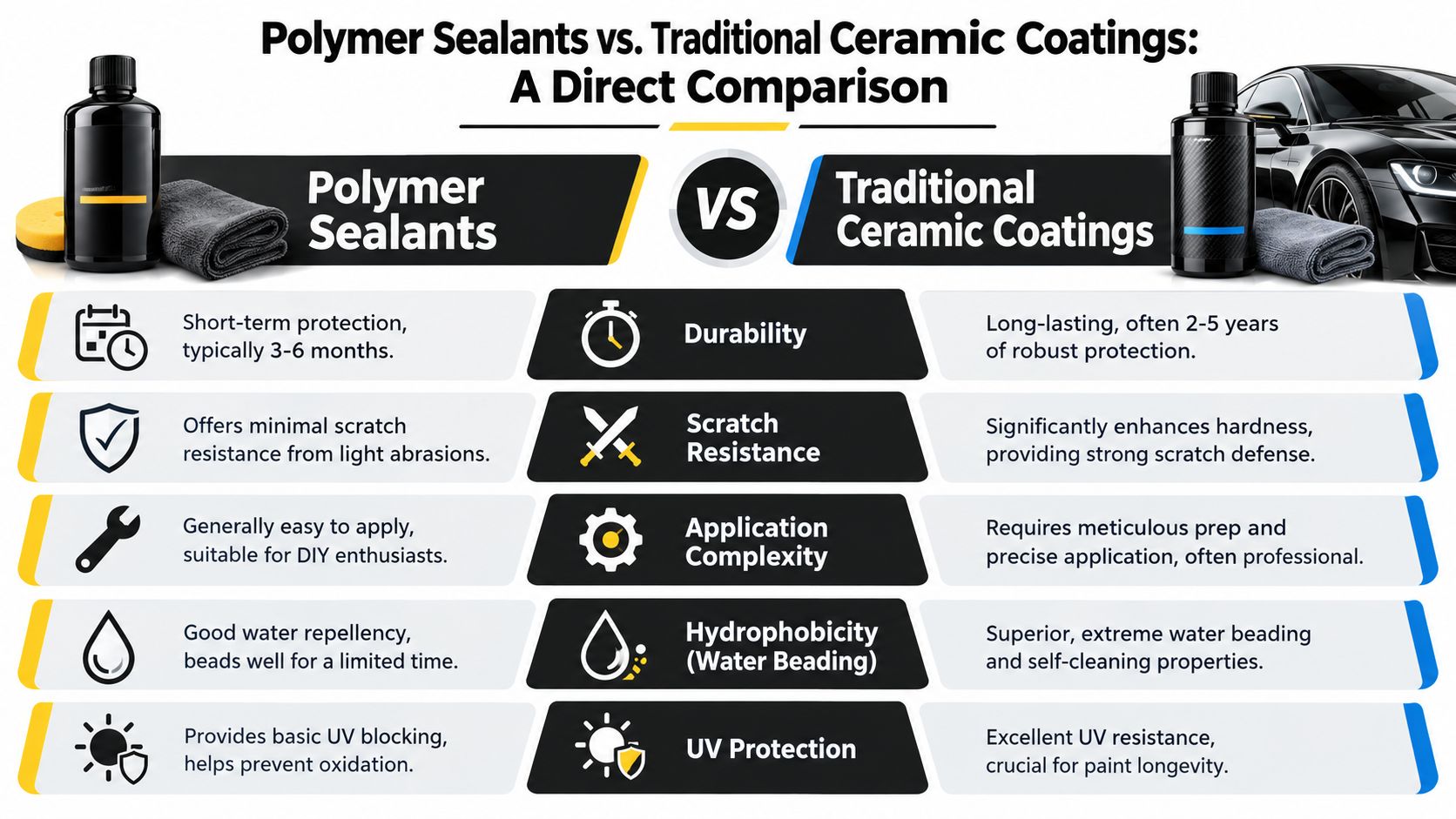 A comparison chart outlining the differences in durability, scratch resistance, and application between polymer sealants and ceramic coatings.