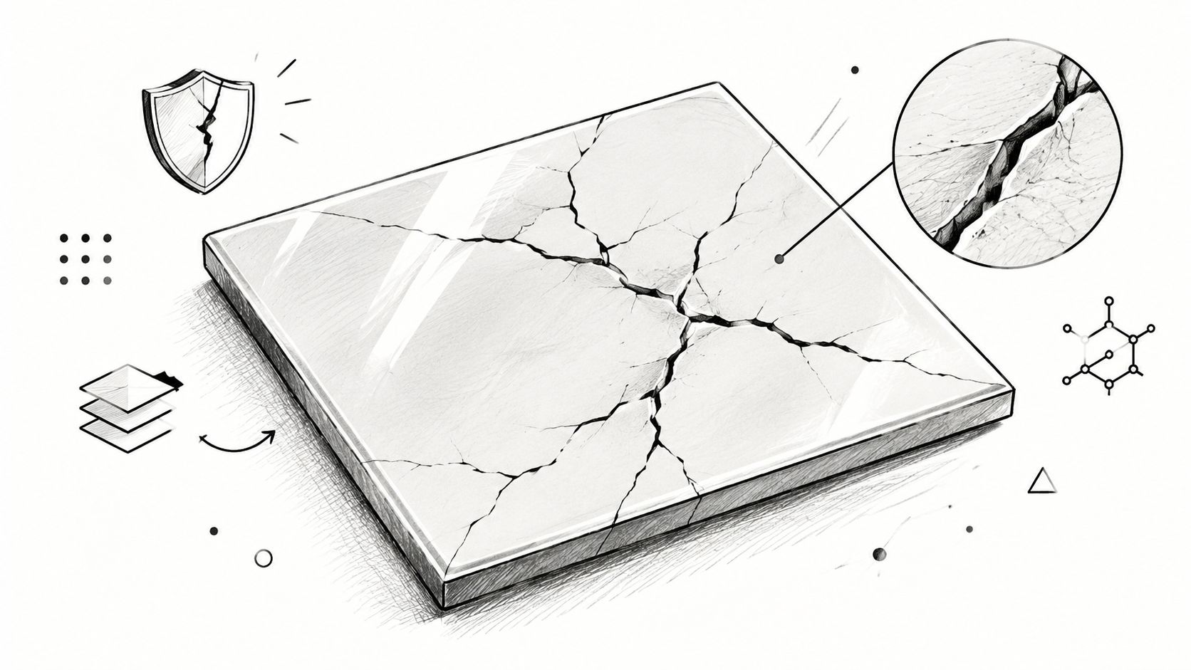 A conceptual illustration showing a cracked square surface next to a magnified view of the break.