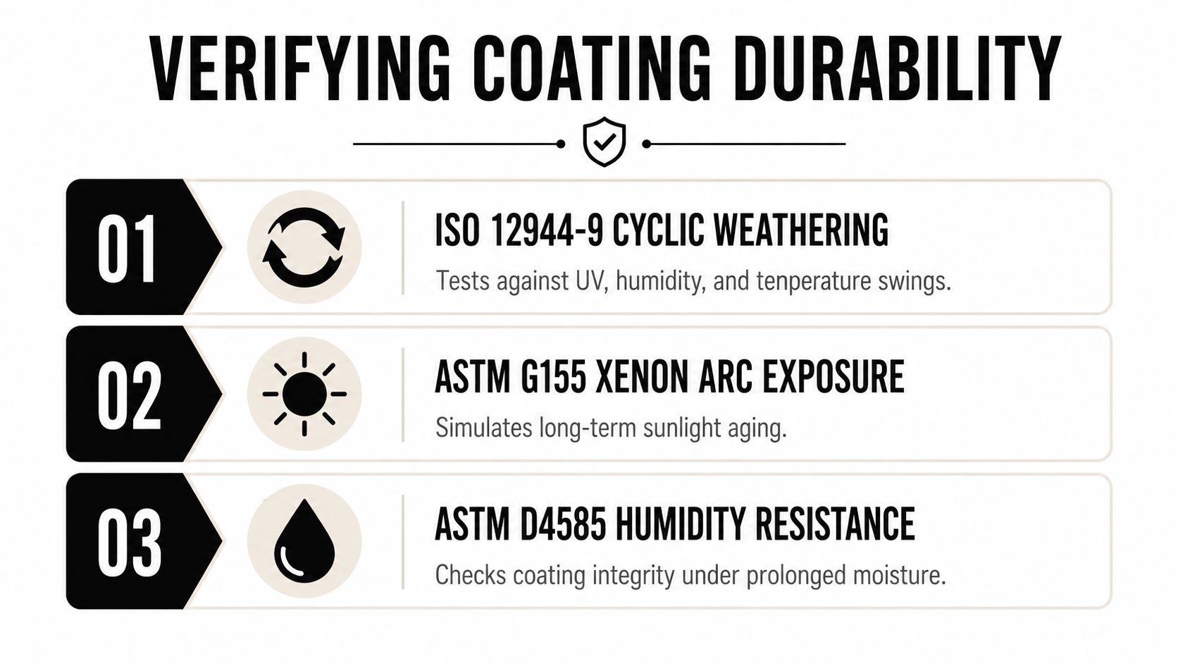 A list of three industry standard testing methods for verifying the durability of protective industrial coatings.