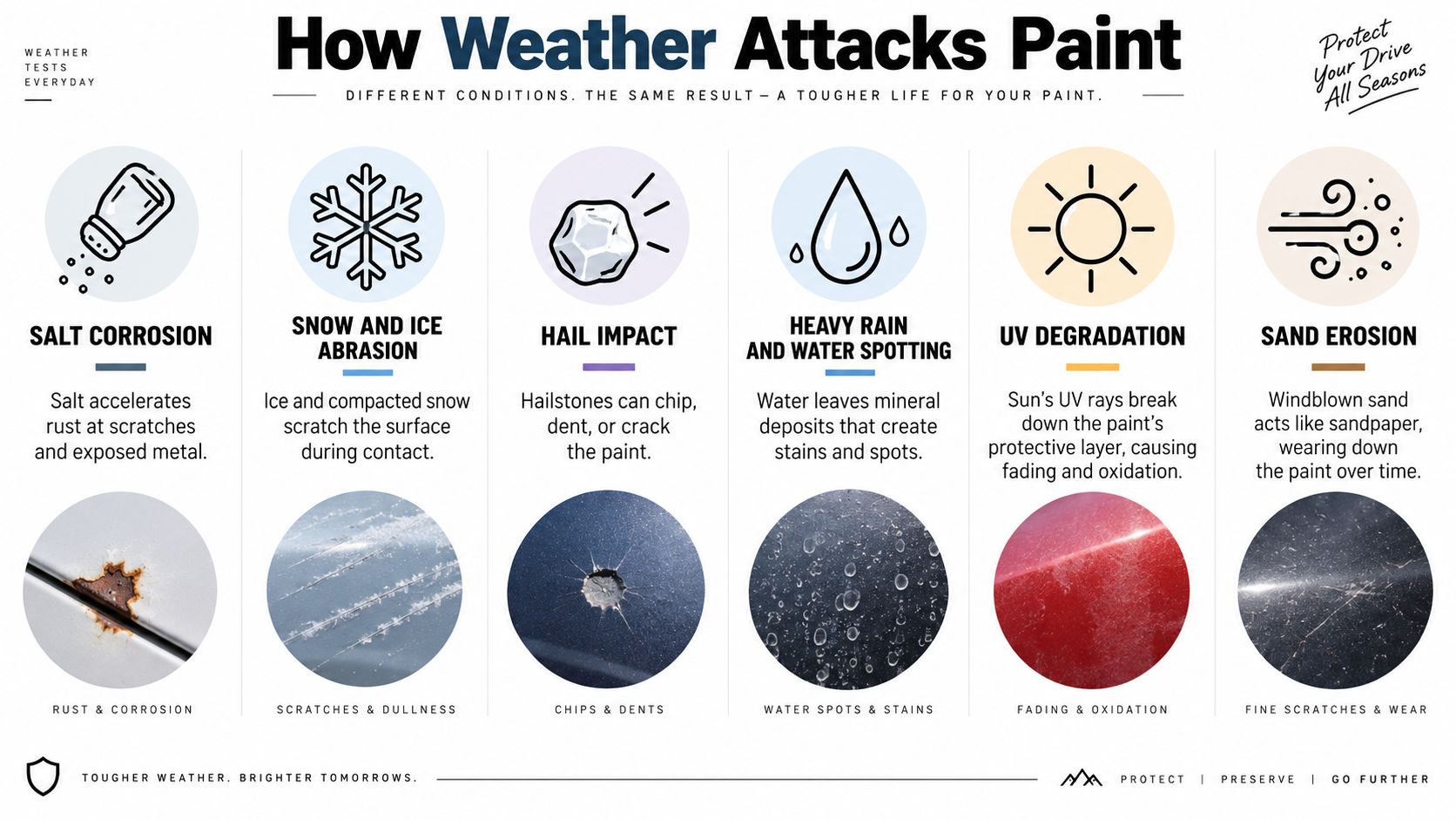 An infographic detailing how environmental factors like salt, rain, and sun cause damage to car paint.