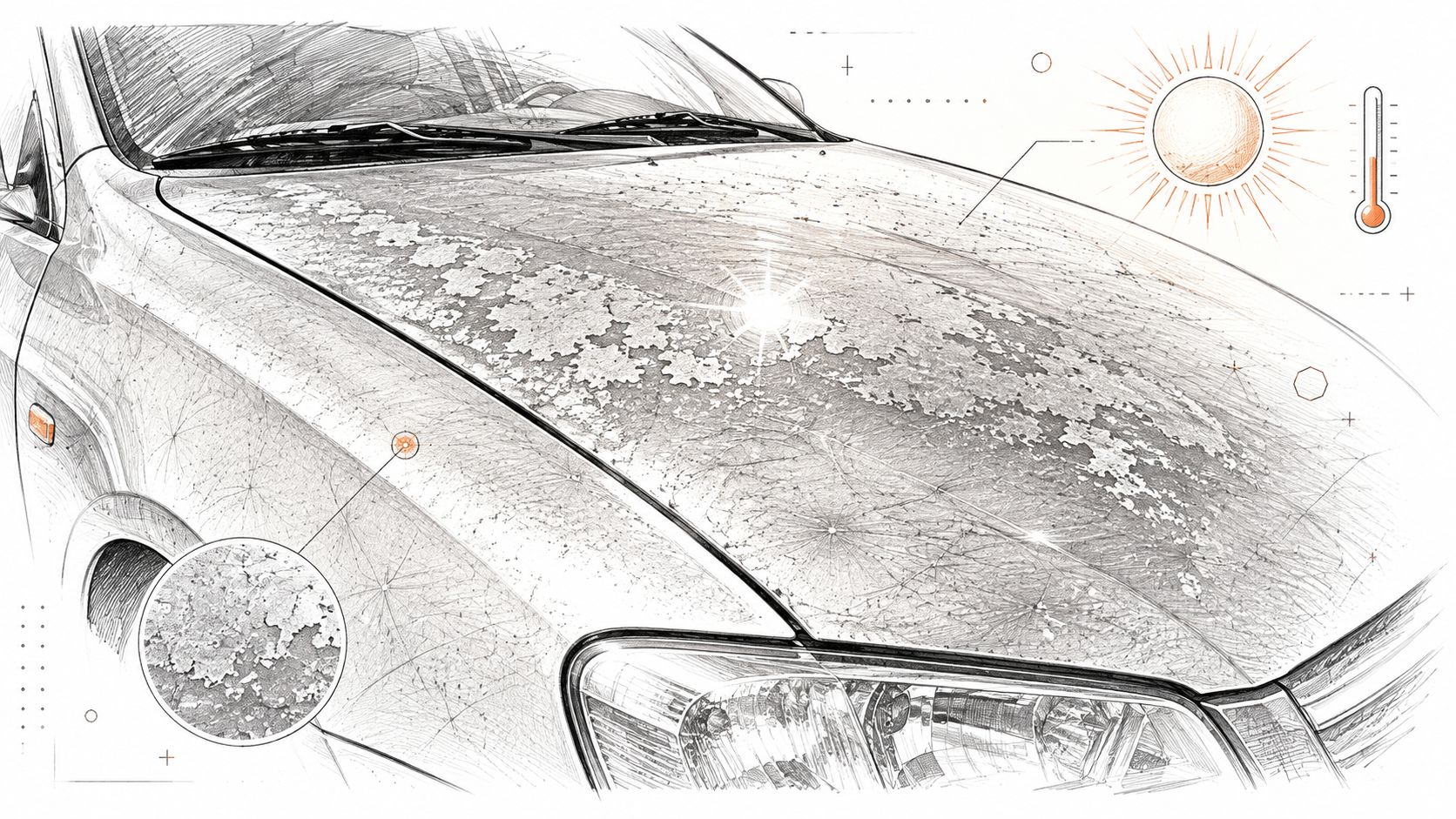 A pencil sketch of a car hood showing severe paint oxidation and peeling from harsh weather conditions.