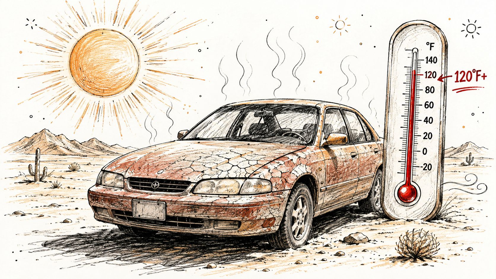 A hand-drawn illustration showing a car parked in a hot desert with a thermometer reading 120 degrees Fahrenheit.
