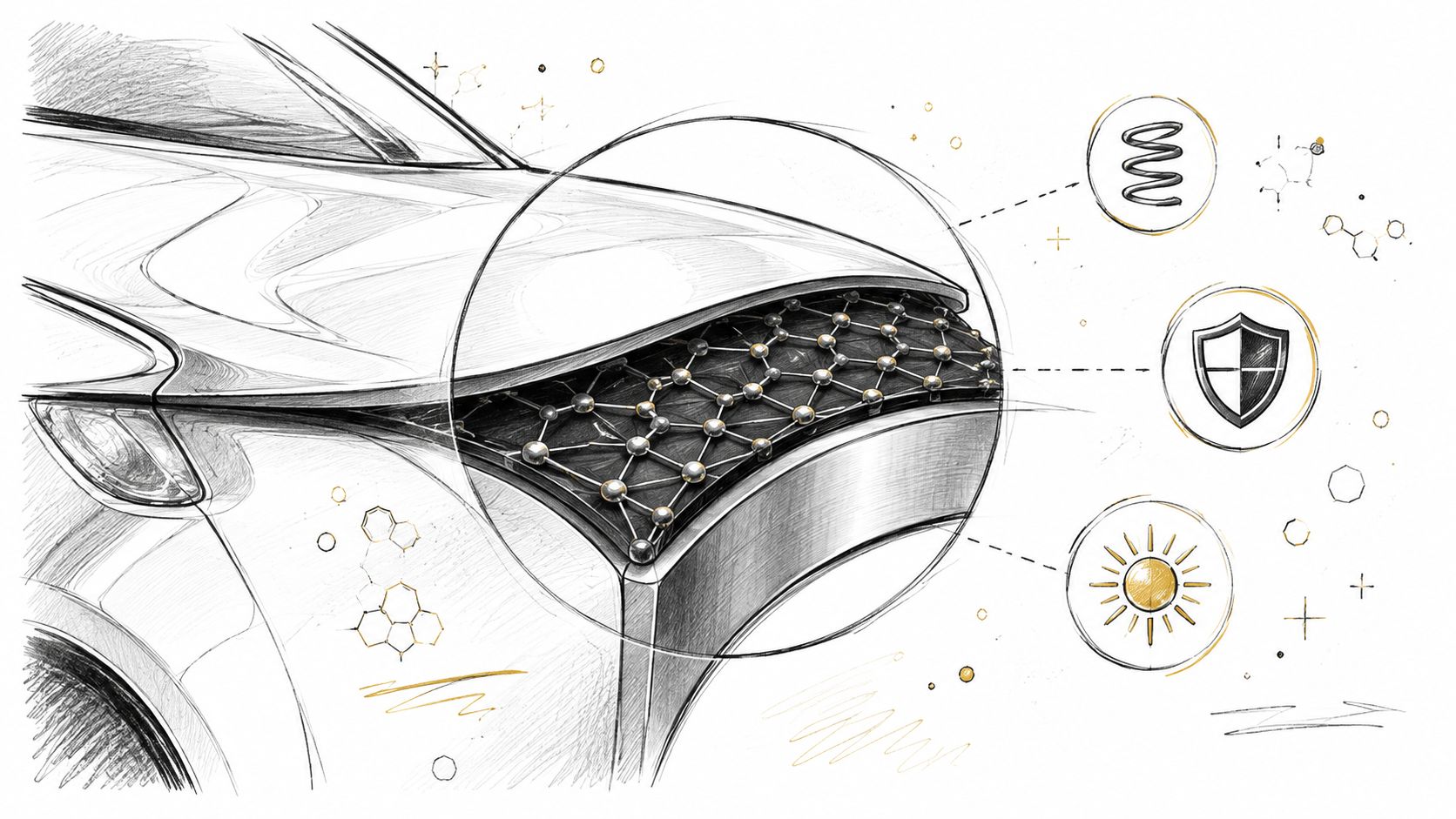 A conceptual sketch illustrating protective material properties on a car body with molecular structure and icons.