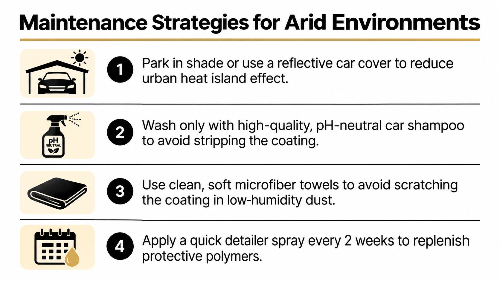 An infographic detailing four maintenance strategies for protecting vehicles in harsh hot desert climates.