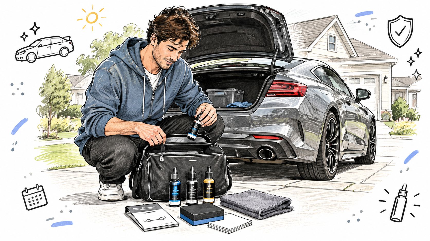 A man carefully prepares his car for a nano coating application with various detailing products on the driveway.