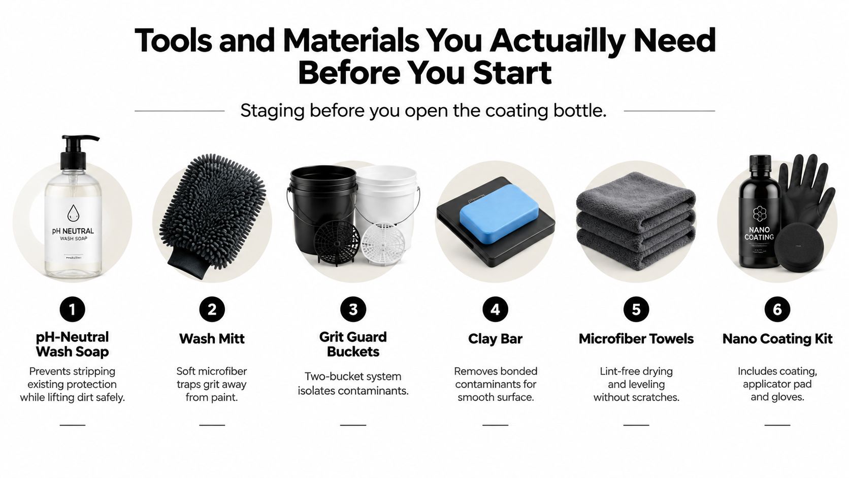 A helpful infographic displaying six essential car detailing tools needed before applying a nano coating.