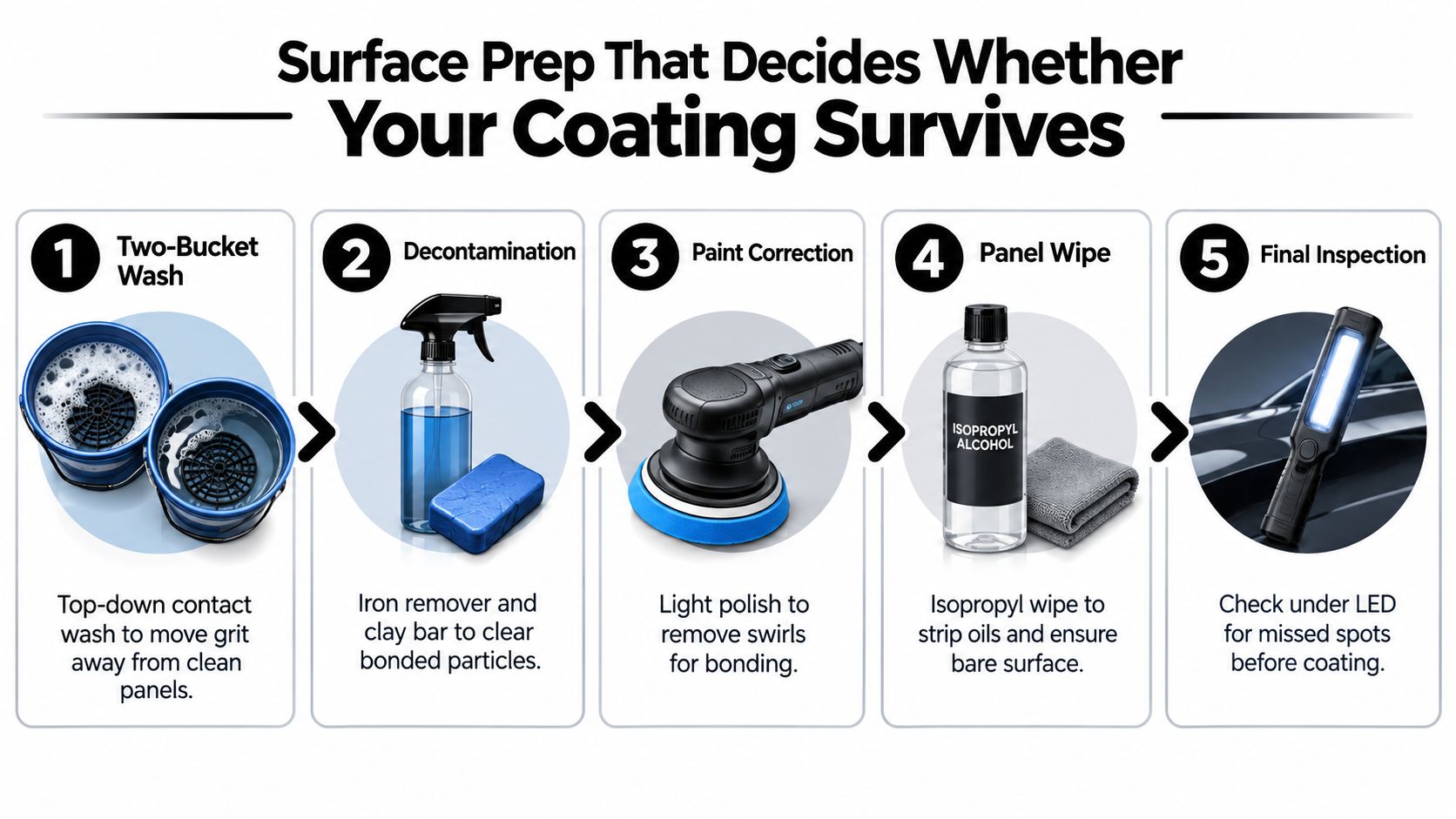 A five-step guide on proper surface preparation techniques for applying a automotive nano coating successfully.