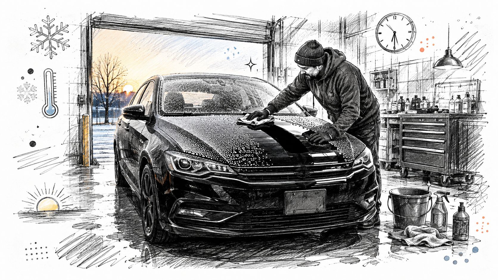 A man in a garage applying nano quartz coating to the hood of a black luxury car.