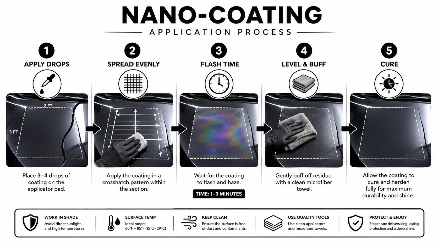A five-step infographic showing the professional process for applying a nano-coating to a vehicle's surface.