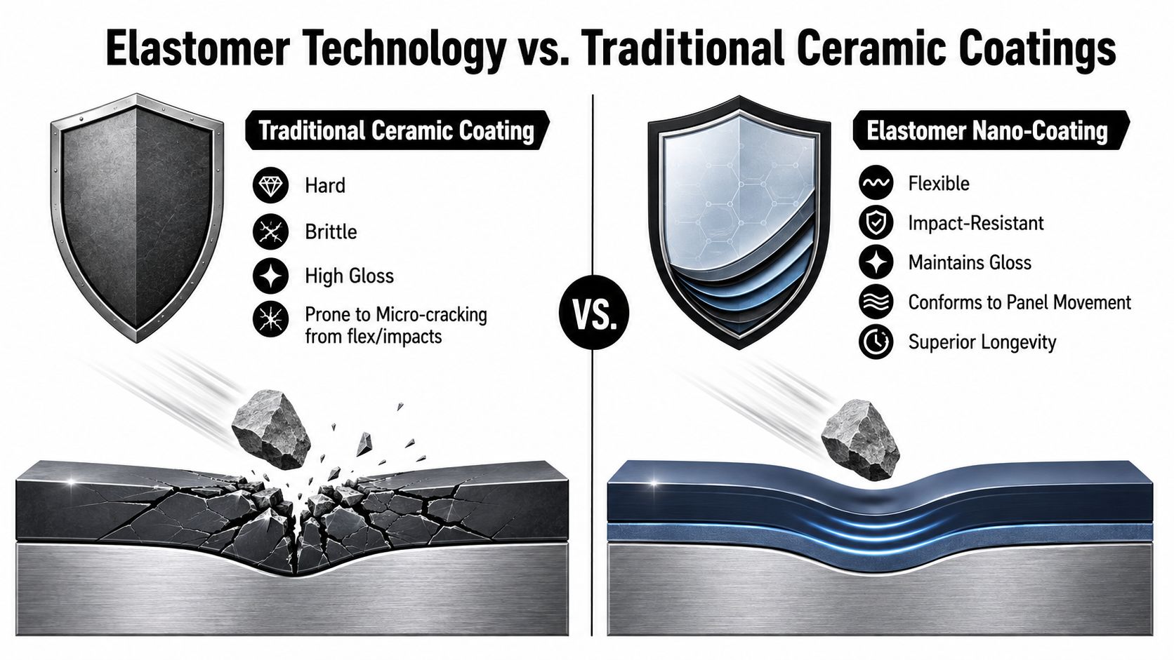 A comparison graphic showing how elastomer nano-coatings resist impacts better than brittle traditional ceramic car coatings.