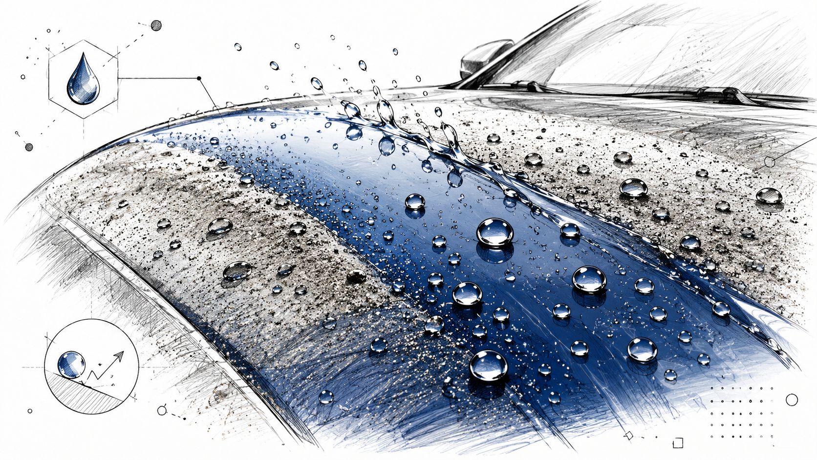 A detailed digital sketch illustrating the hydrophobic effect of a nanotechnology coating on a car's painted hood.