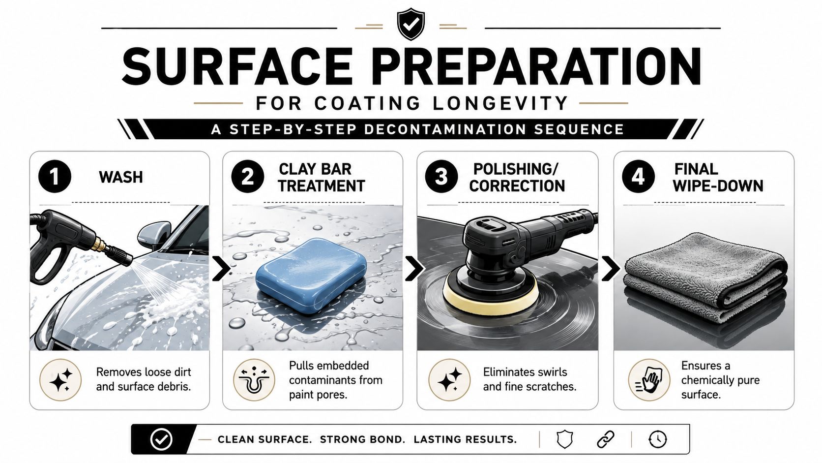 A four-step infographic illustrating the professional car surface preparation process for applying protective coatings.