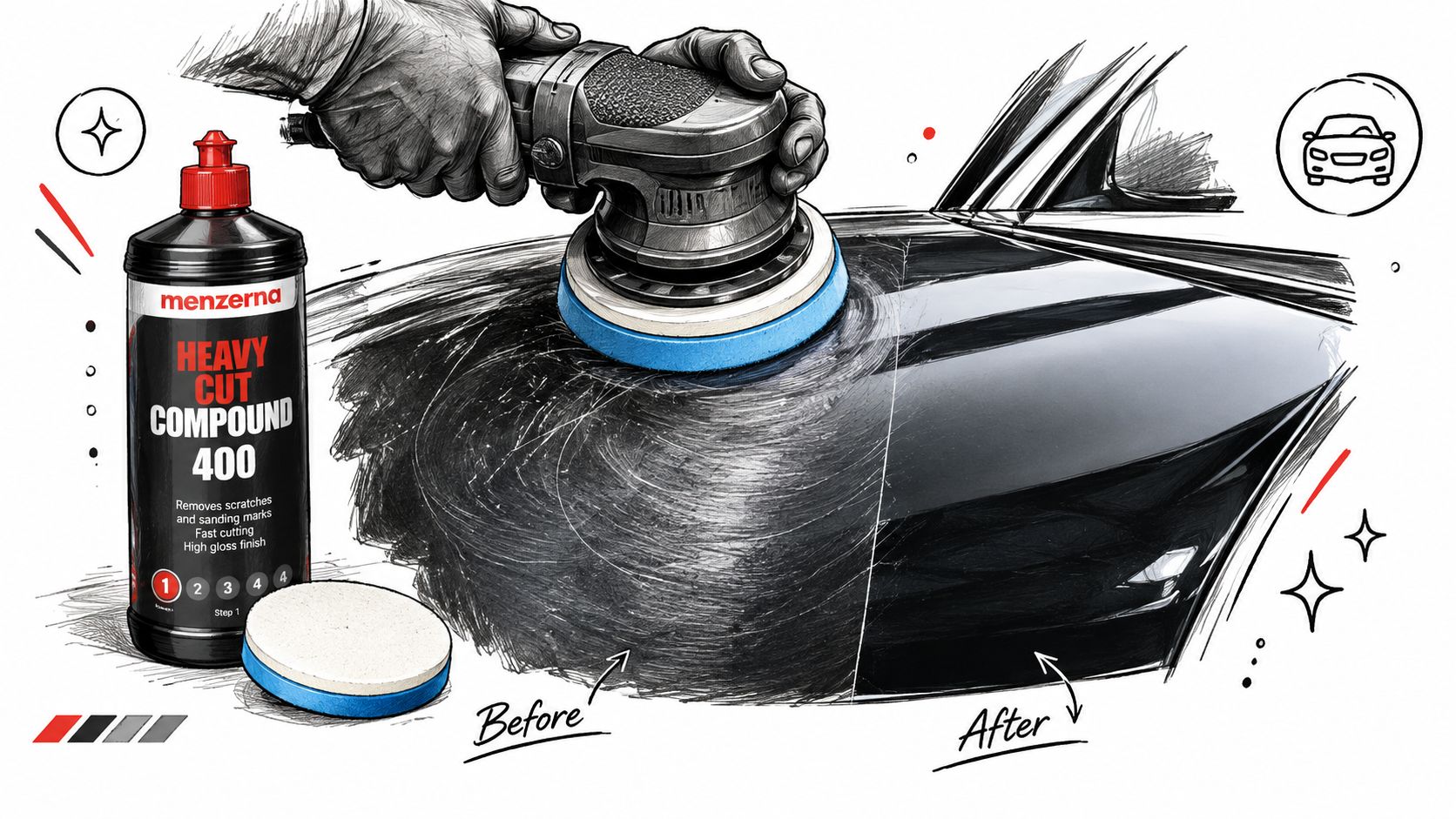 A hand using a power polisher on a car hood showing before and after paint correction results.