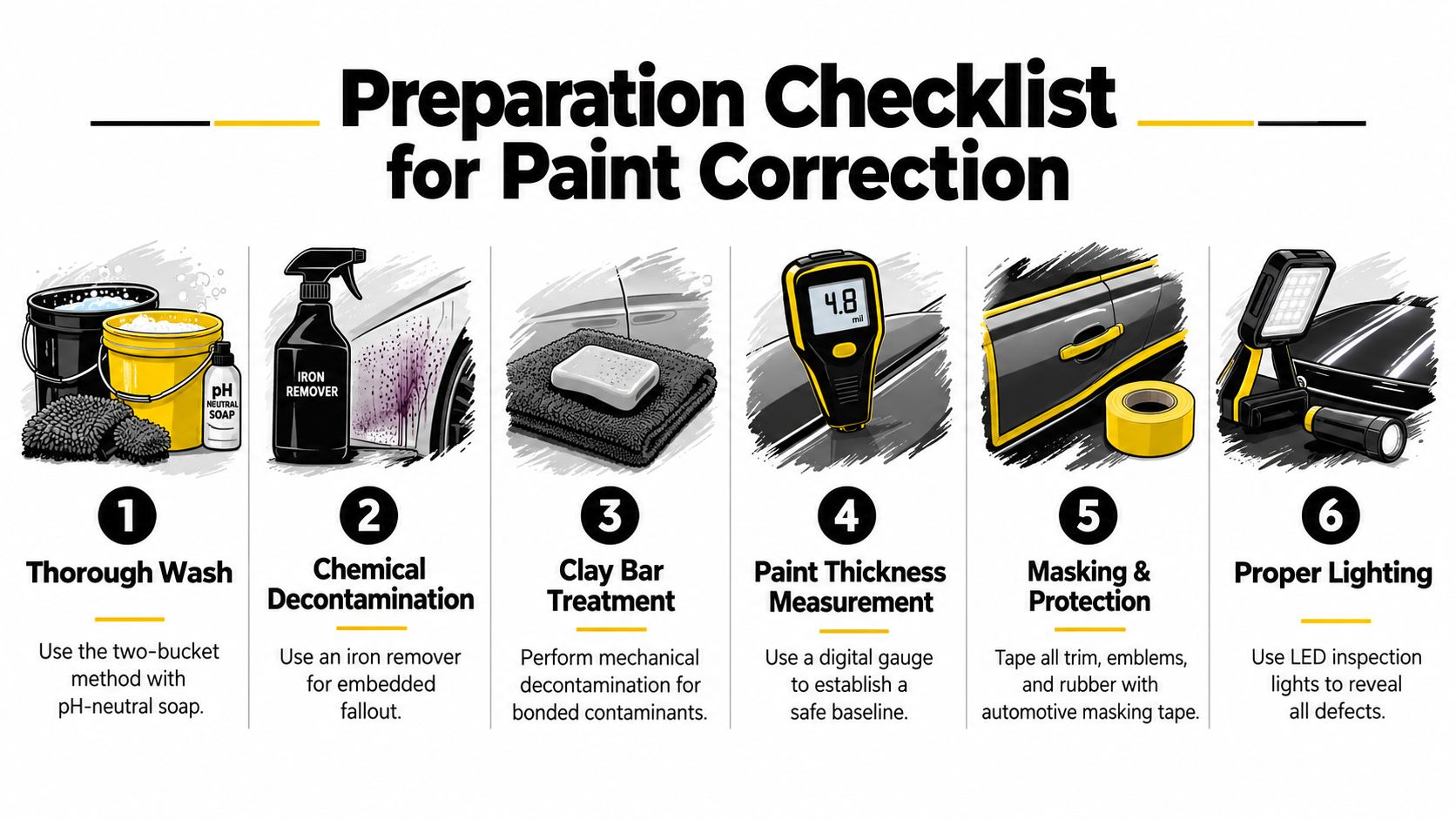 A six-step preparation checklist for automotive paint correction detailing, showcasing essential cleaning, measurement, and masking tools.