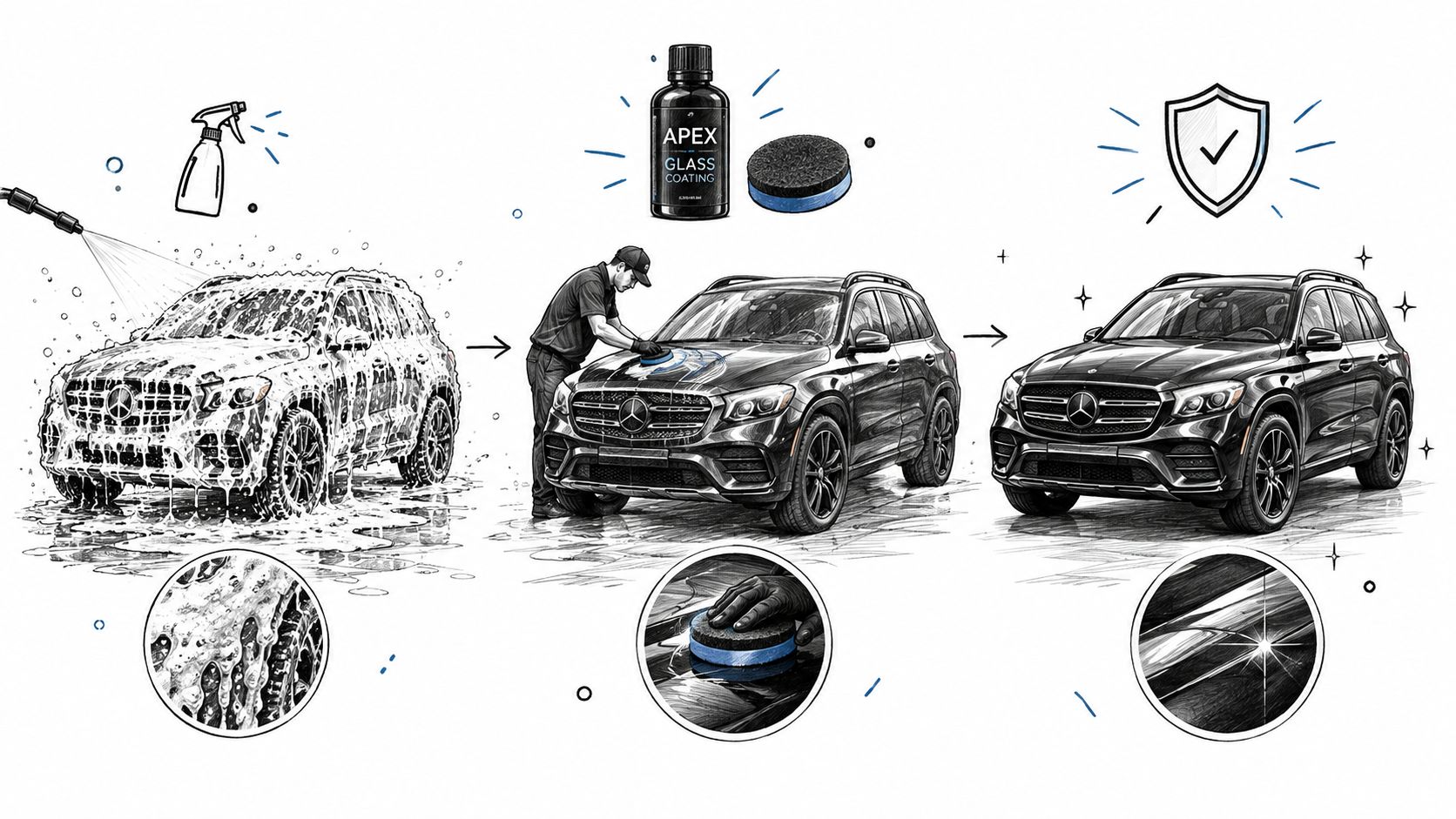 A professional car detailing process showing vehicle washing, applying a glass coating product, and a finished shiny result.