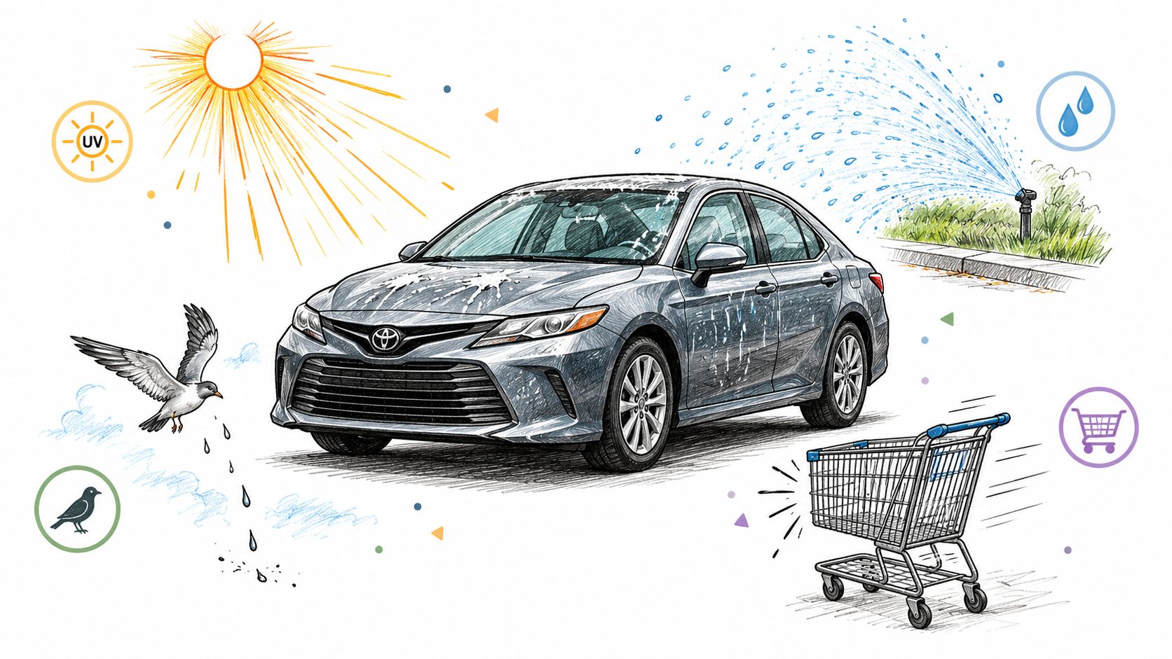 A car illustrated with environmental hazards like UV rays, bird droppings, sprinkler water, and a rogue shopping cart.