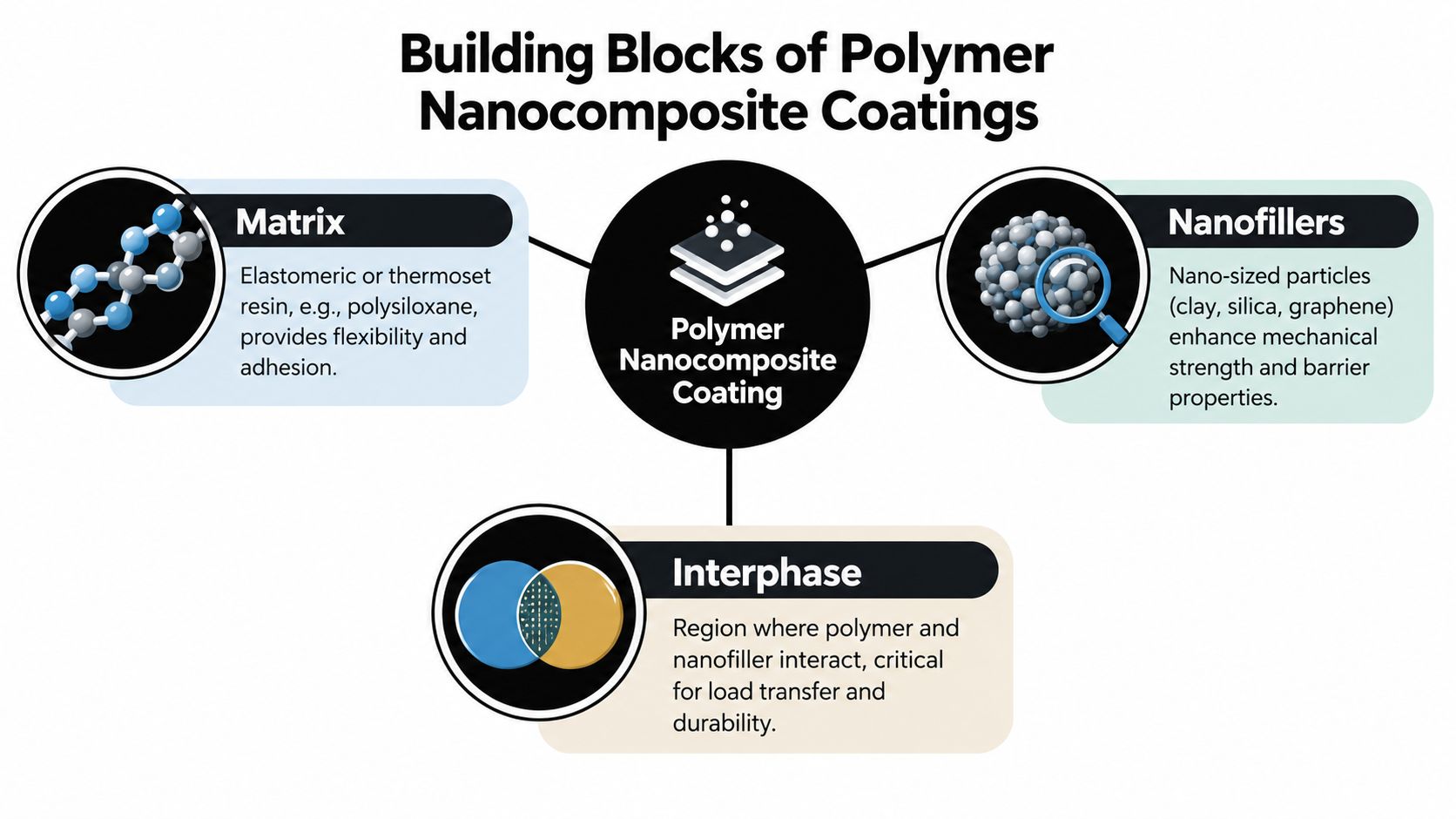 A diagram illustrating the three essential building blocks of polymer nanocomposite coatings: matrix, nanofillers, and the interphase.