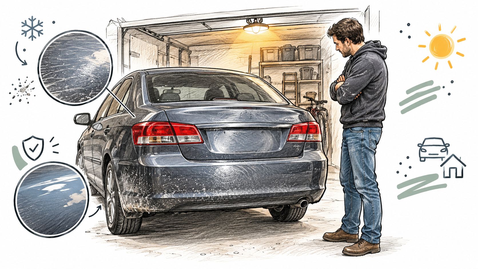 A man in a garage looking at a scratched car, depicting automotive paint protection and restoration concepts.