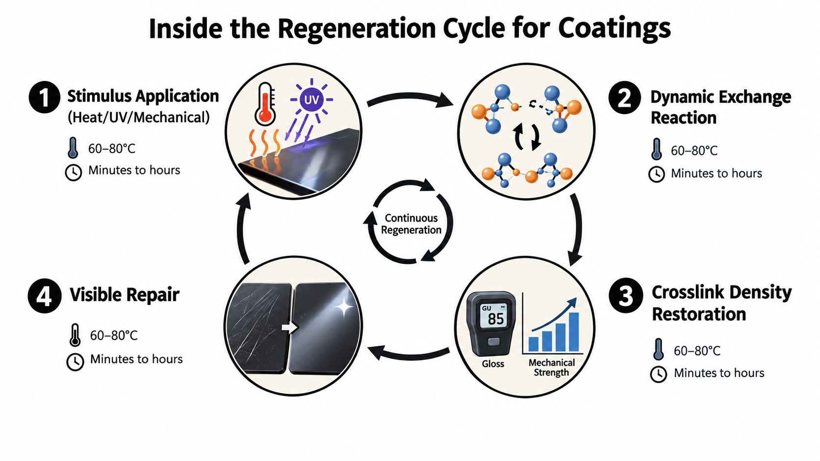 A diagram illustrating the four steps of the continuous regeneration cycle for high-performance protective coatings.