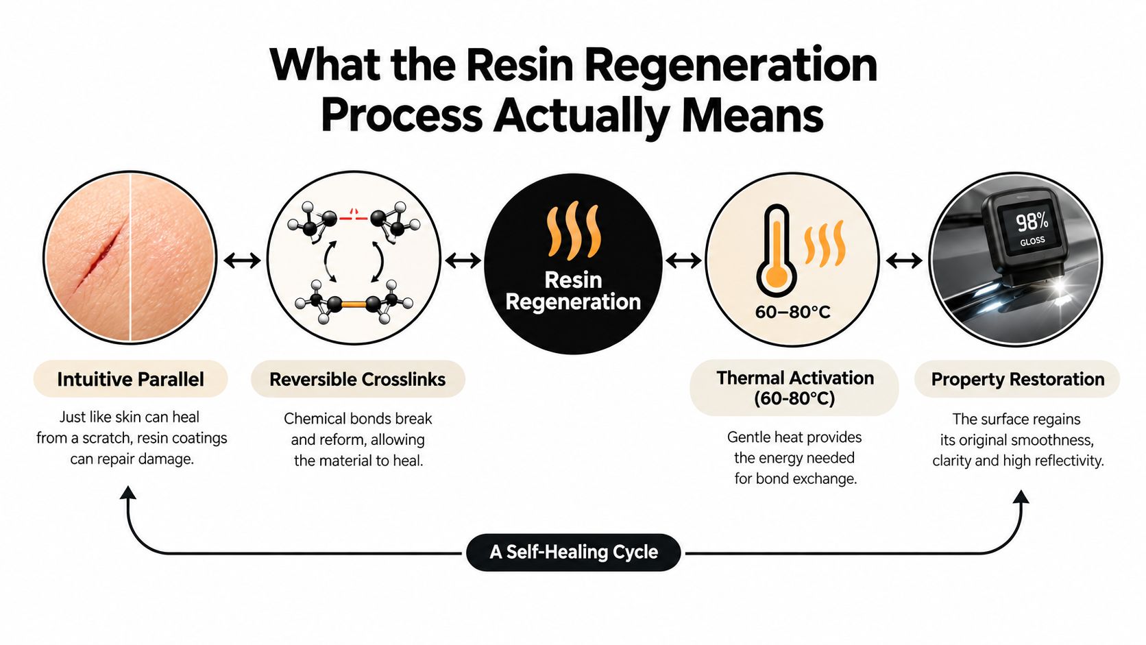A diagram illustrating the self-healing resin regeneration process through heat application to restore surface property smoothness.