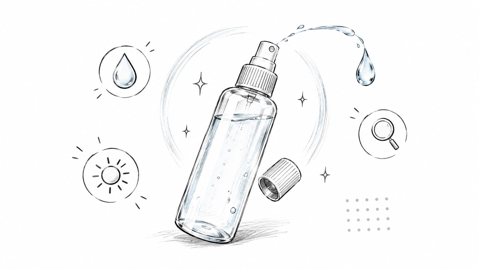 A line art sketch of a spray bottle with a detached cap, water droplet, and icons.